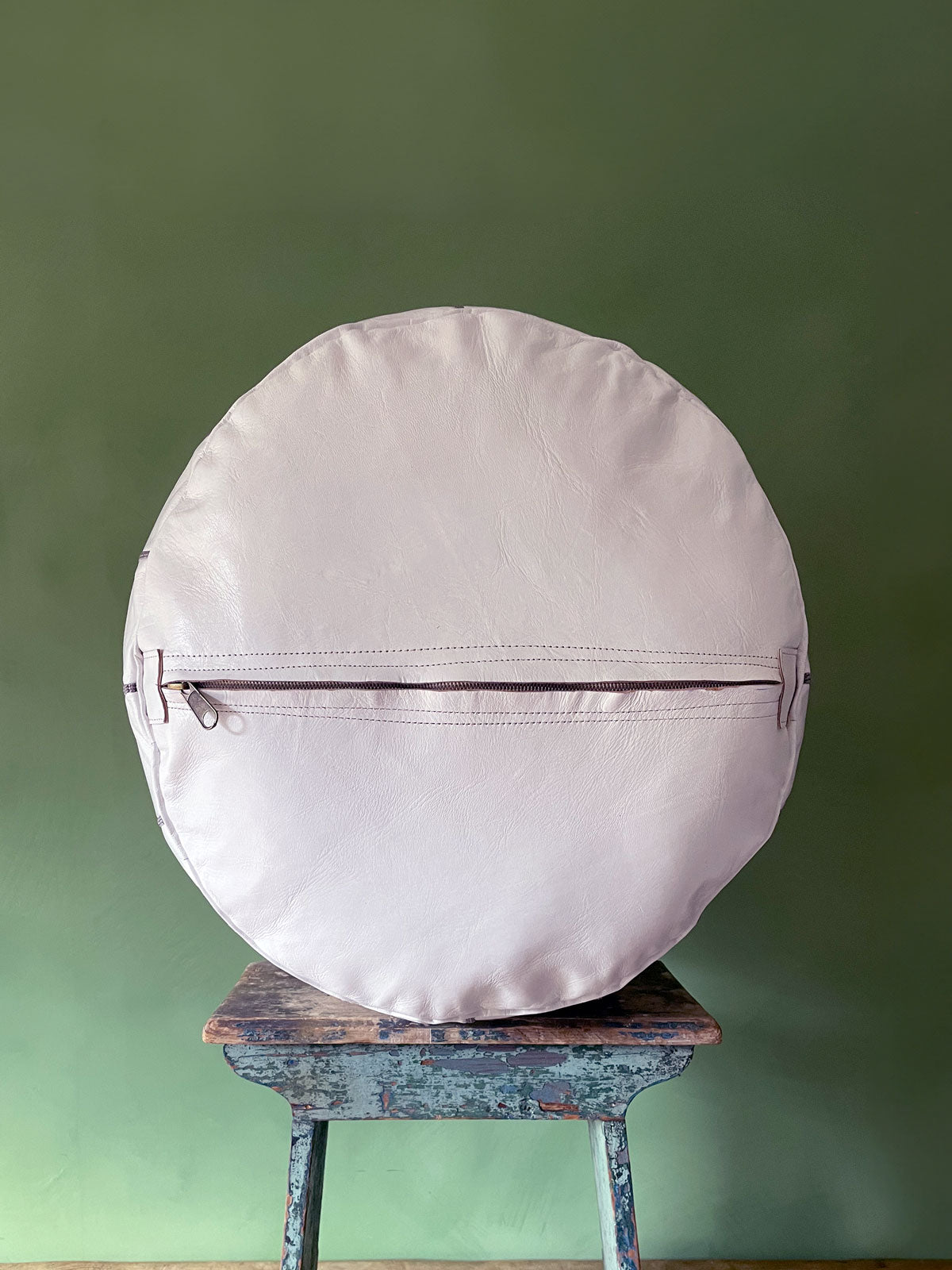 Handmade Moroccan Leather Pouffe Ottoman - White & Grey Boho Chic Footstool for Living Room, Bedroom & Lounge Decor