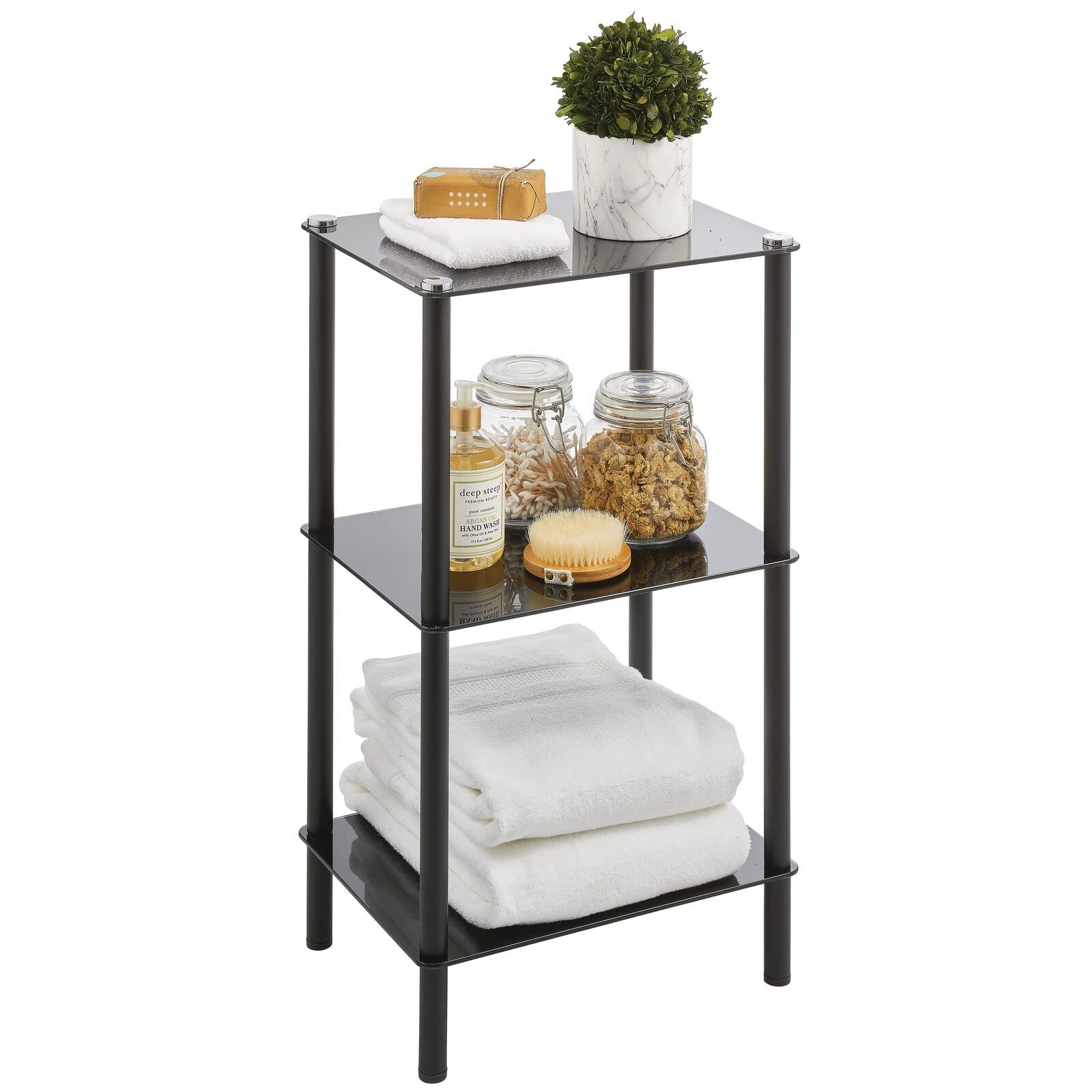mDesign 3-Tier Metal and Glass Storage Shelf - Narrow Space-Saving Display Organizer with Open Glass Shelves for Living Room, Bathroom, Office, Bedroom - Black Home Decor (Perfect for Displaying Plants, Books, and Bathroom Essentials)