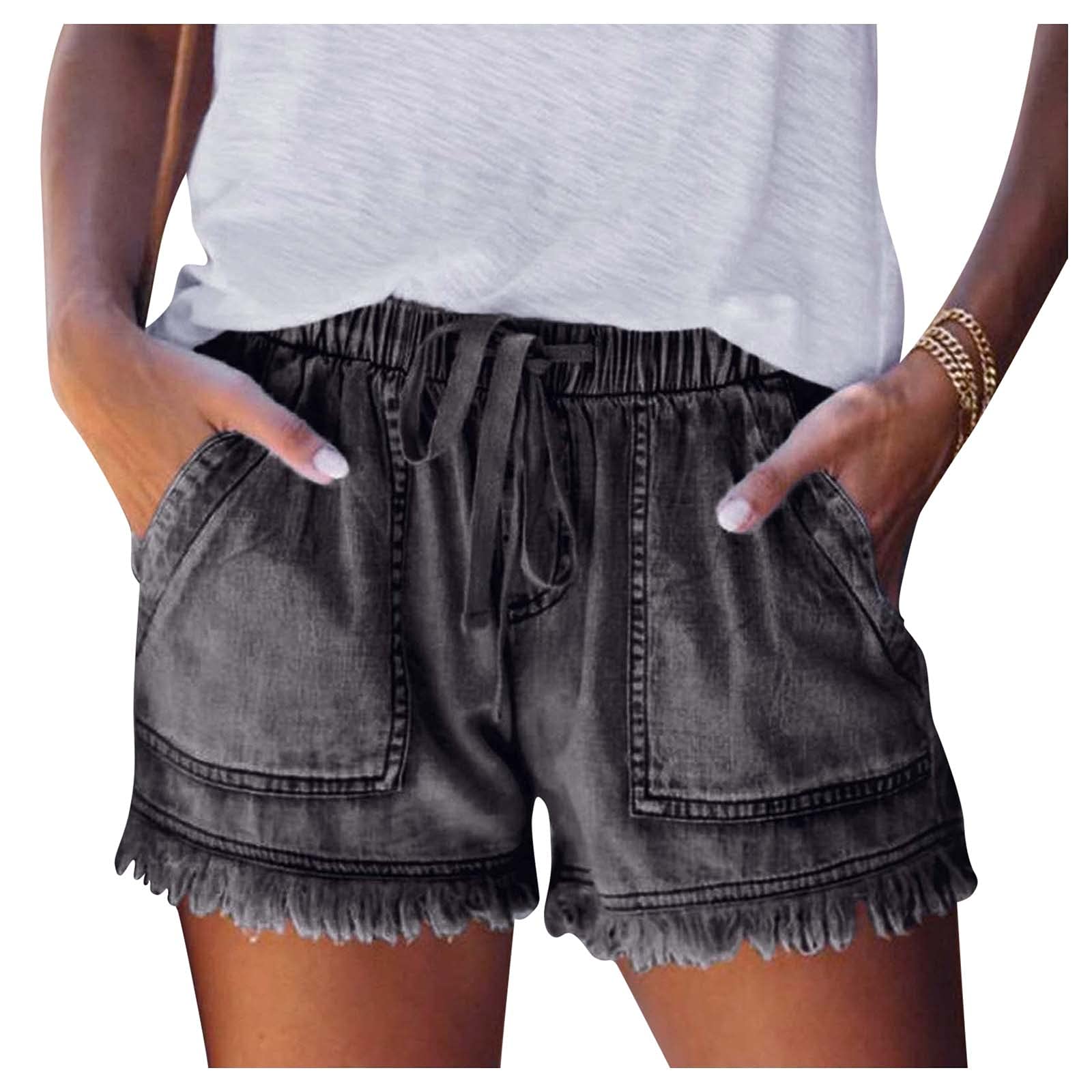 Women's Denim Booty Shorts with Bandage Pocket & Tassel Detail - High Waisted Casual Jean Shorts for Summer, Gym, Beach & Night Out