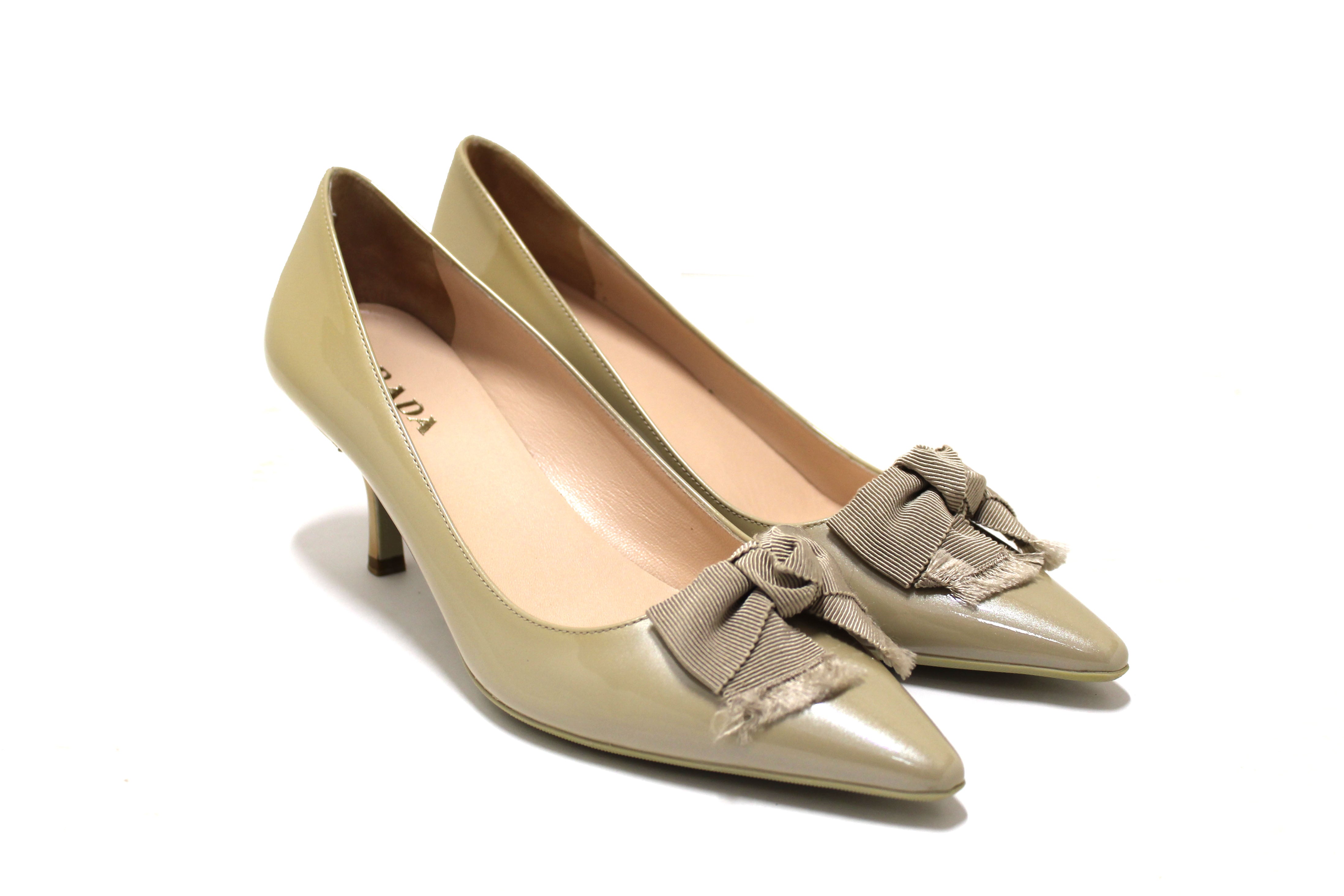 Authentic Prada Women's Bow Patent Leather Kitten Heel Shoes - Shimmer Beige Size 37 | Elegant Dress Shoes for Weddings, Parties & Office Wear