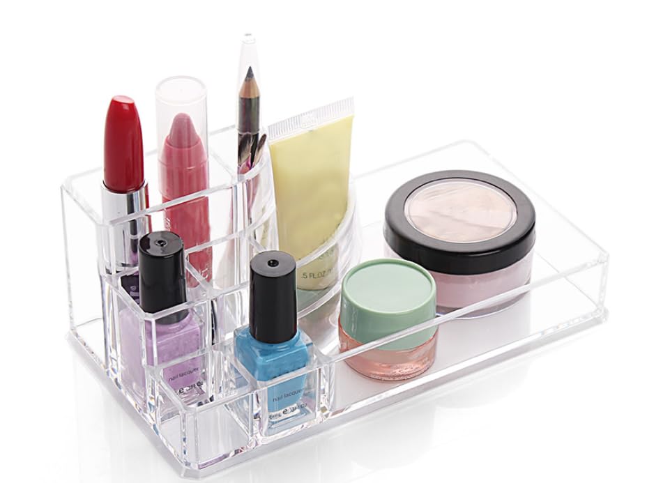 Kamay's 8-Compartment Clear Acrylic Makeup Organizer - Circular Arc Design for Lipstick, Makeup Brushes, Nail Polish & Essential Oils | Perfect for Vanity, Bathroom Counter & Travel Beauty Storage
