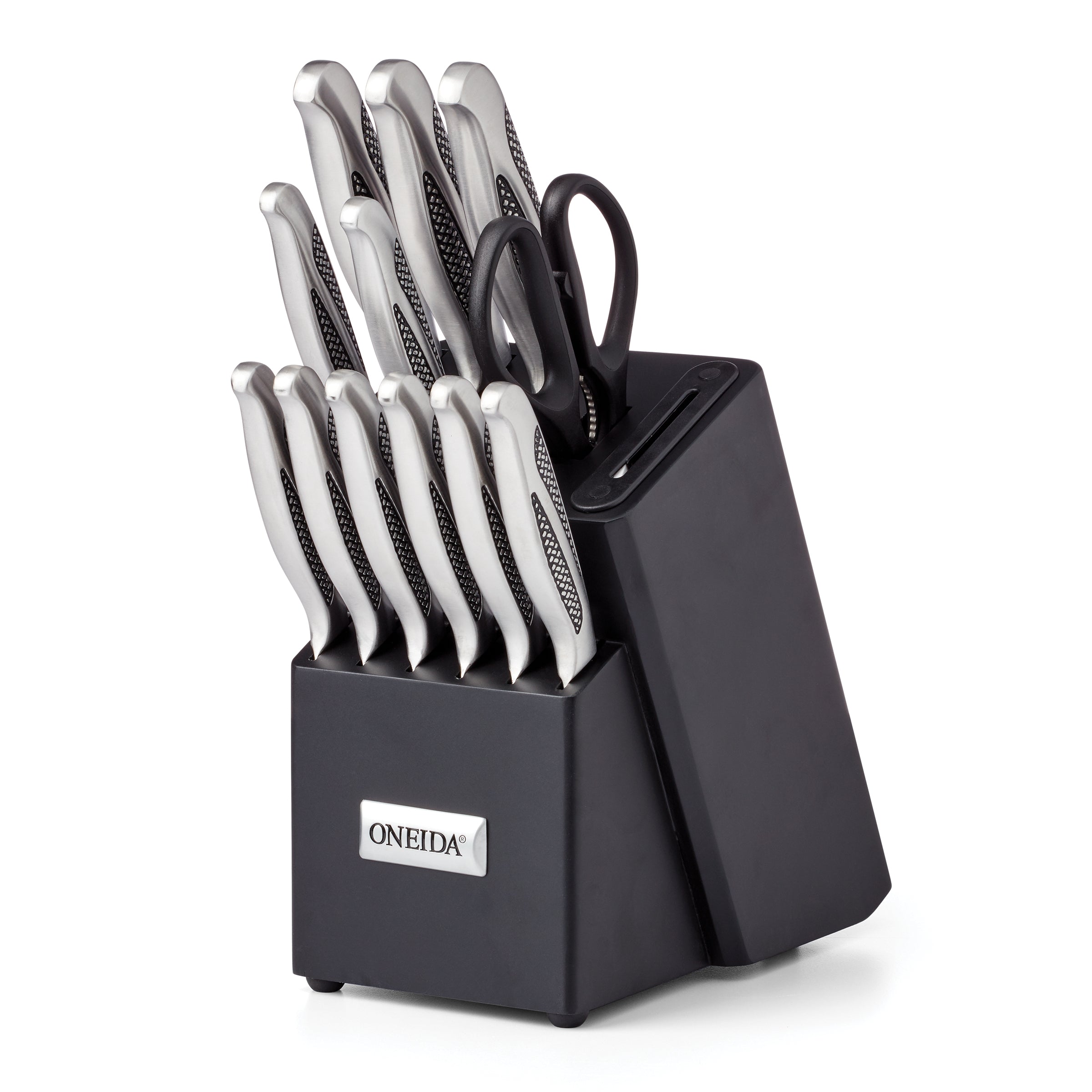 Premium 14-Piece Crosshatch Cutlery Block Set - Knife Set with Wooden Holder for Kitchen, Perfect for Home Chefs & Cooking Enthusiasts