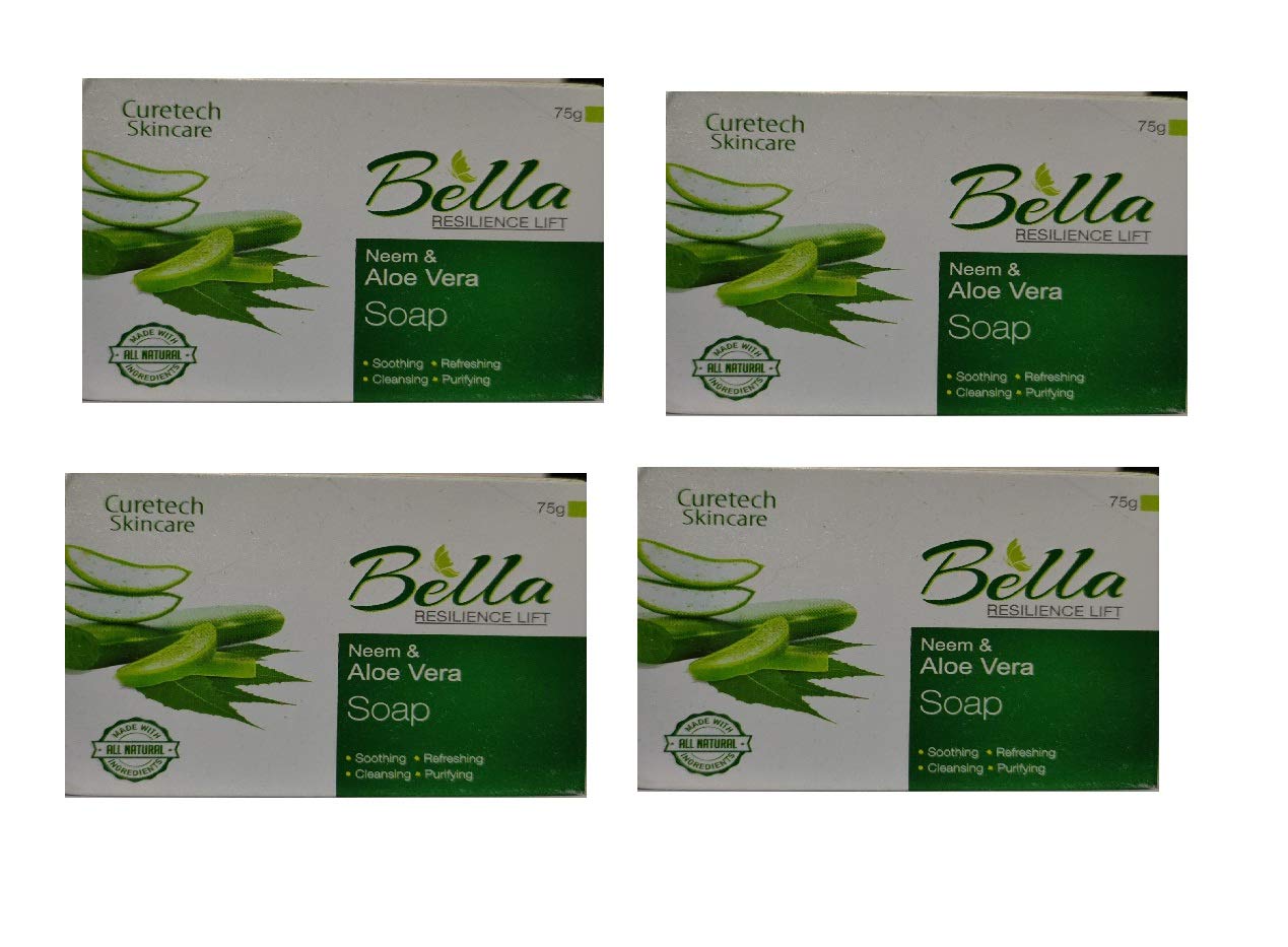 Bella Neem & Aloe Vera Soap 75g (Pack of 4) - Natural Antibacterial & Moisturizing Bar Soap for Acne, Eczema & Dry Skin - Perfect for Daily Face & Body Cleansing at Home or Travel