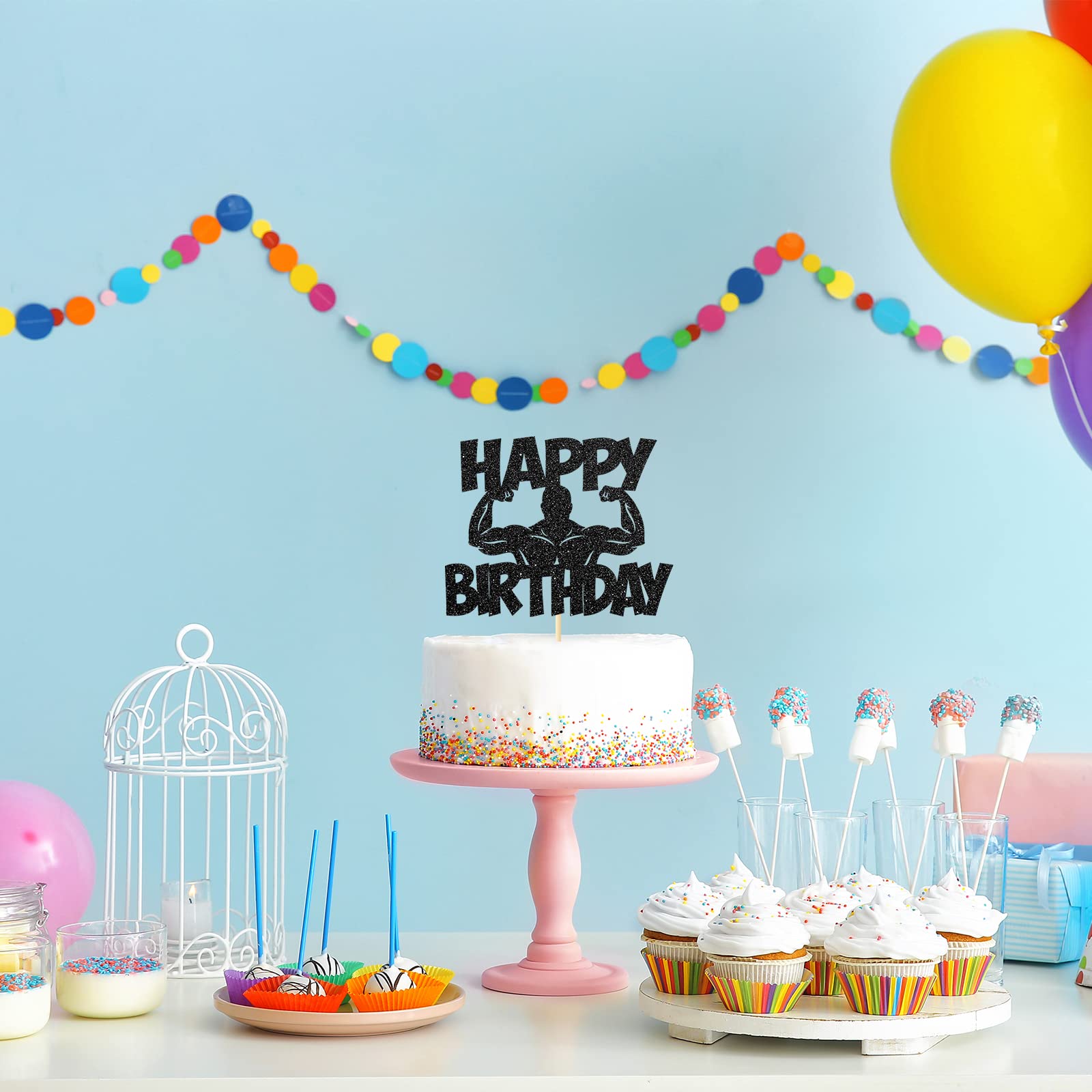 Fitness Theme Happy Birthday Cake Topper - Gym & Sports Style Party Decorations for Men - Muscle Man Cake Decor - Perfect for Bodybuilder Birthdays, Gym Parties & Athlete Celebrations