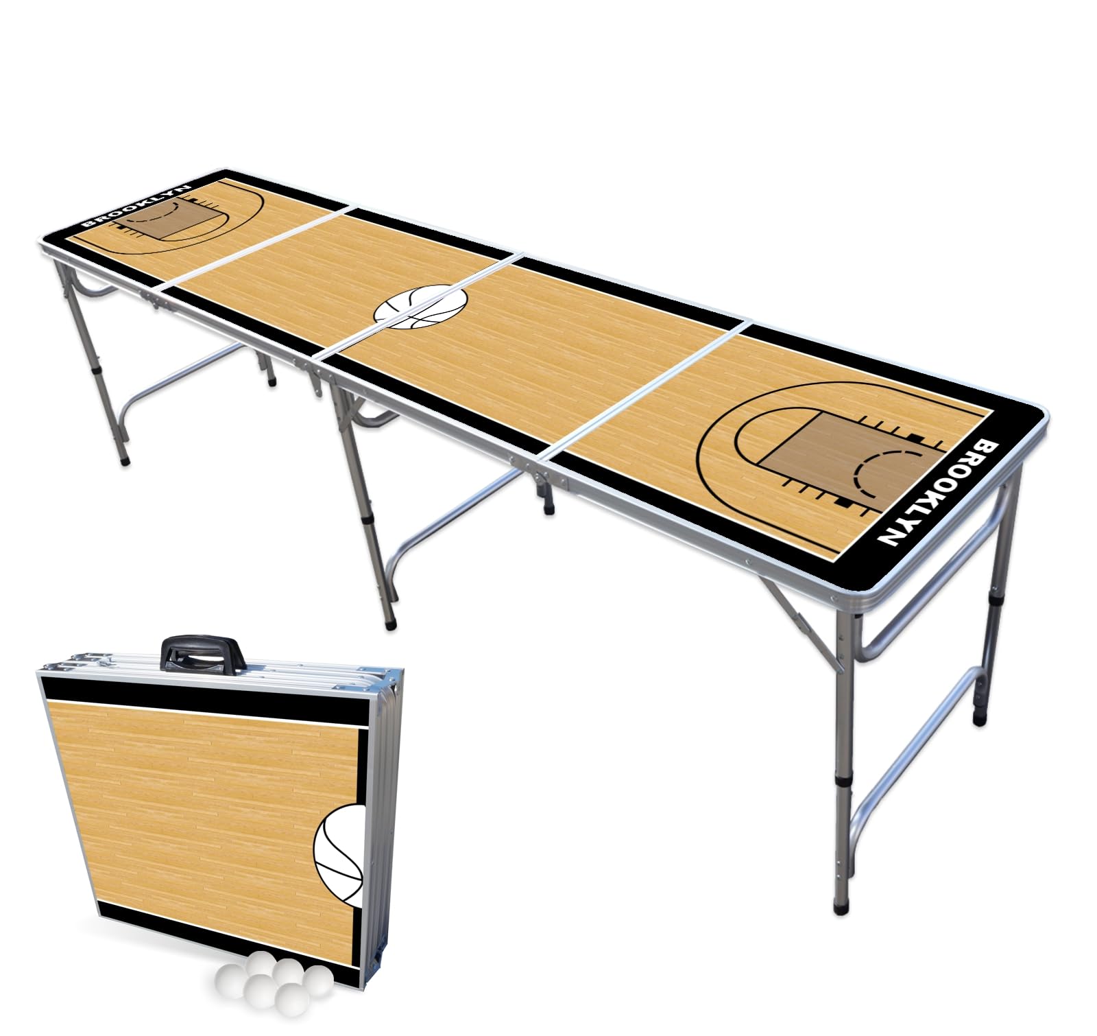 8-Foot Folding Portable Beer Pong Table with LED Lights & Cup Holders - Brooklyn Basketball Court Design - Perfect for Parties, Tailgates & Backyard Games (Multiple Models Available)