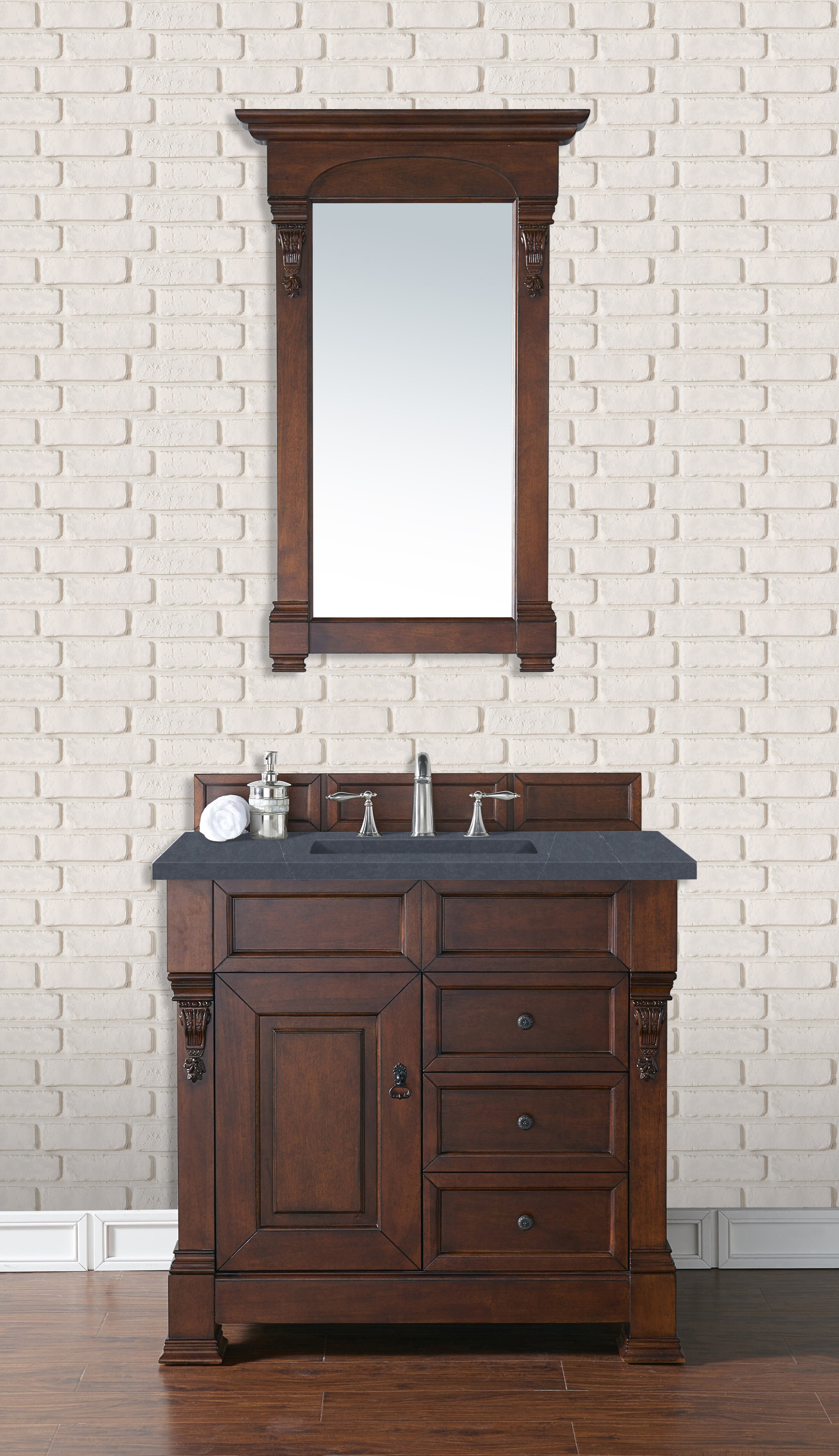 Brookfield 36 Inch Single Bathroom Vanity with Warm Cherry Finish & 3CM Charcoal Soapstone Quartz Top - Perfect for Modern Master Bathroom or Guest Bathroom Renovation