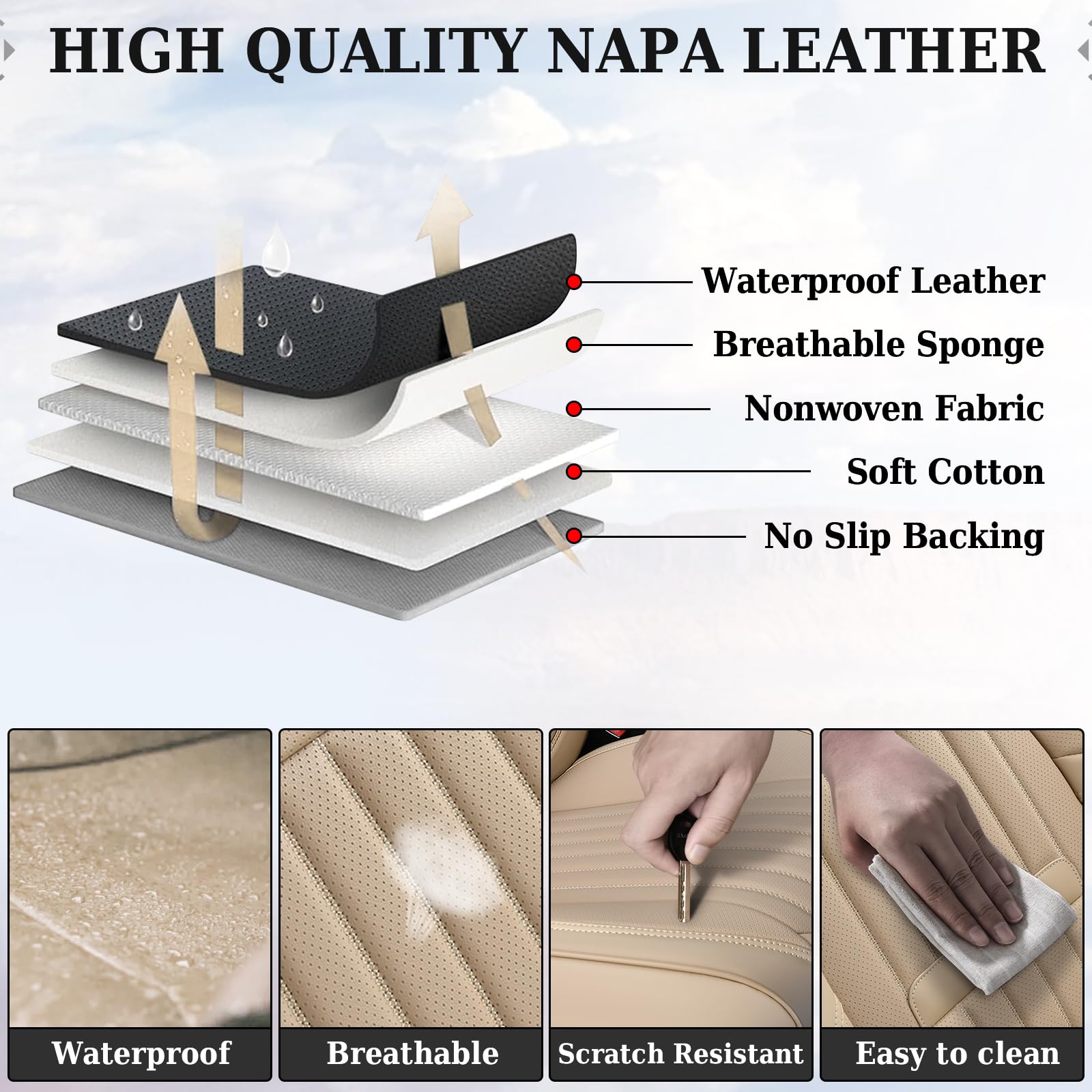 Premium Nappa Leather Car Seat Covers - Waterproof Front & Back Seat Protectors for Cars & Trucks (5-Seat Set, Beige) | Universal Fit for Most Vehicles | Perfect for Daily Commute, Road Trips & Pet Protection