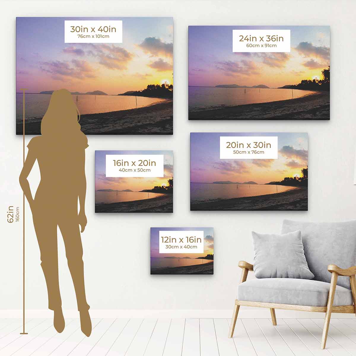 Yellow Beach Wall Art Canvas 0338 - Tropical Sunset Ocean Painting for Living Room, Bedroom & Office Decor