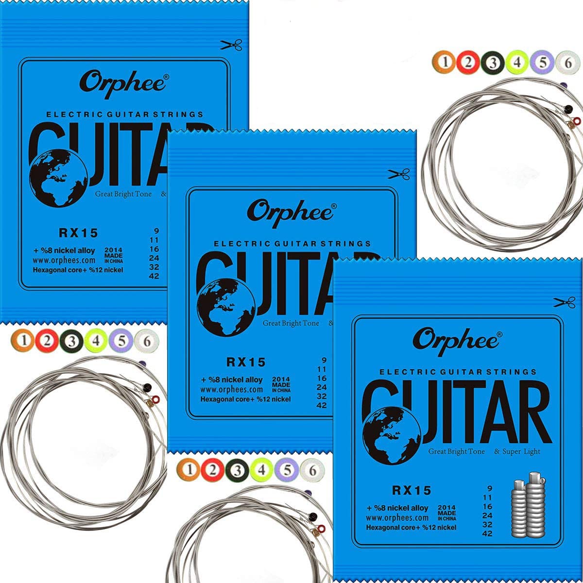 Orphee RX15 Nickel Plated Steel Electric Guitar Strings - Super Light Gauge (009-042) - 3 Pack - Colorful Ball-End for Bright Tone | Perfect for Rock, Blues & Studio Recording