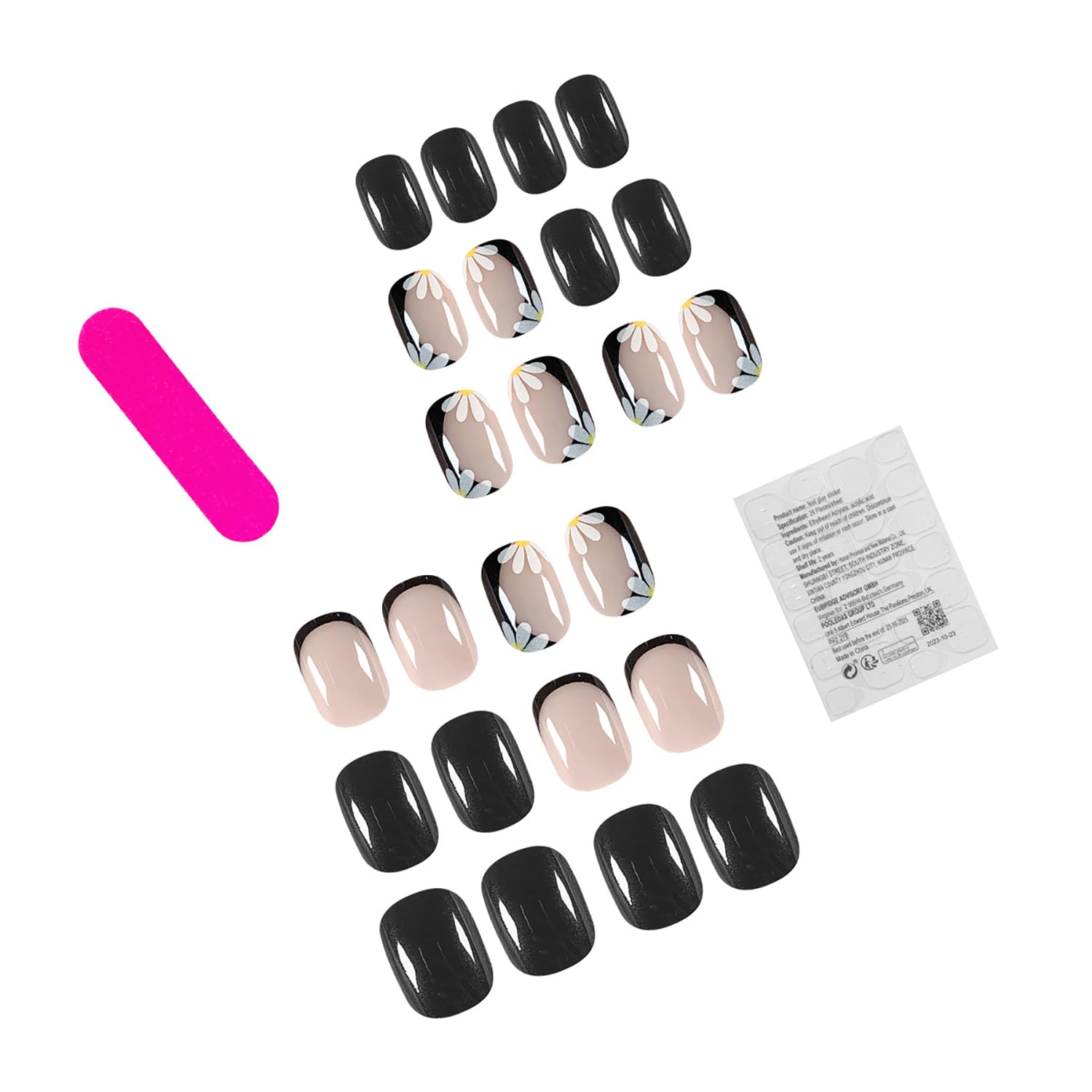 Short Square Press On Nails - 24Pcs Black Acrylic Fake Nails with Floral Designs, Glossy Full Cover False Nails for Women | Easy Glue On Nails for Daily Wear, Parties & Special Occasions