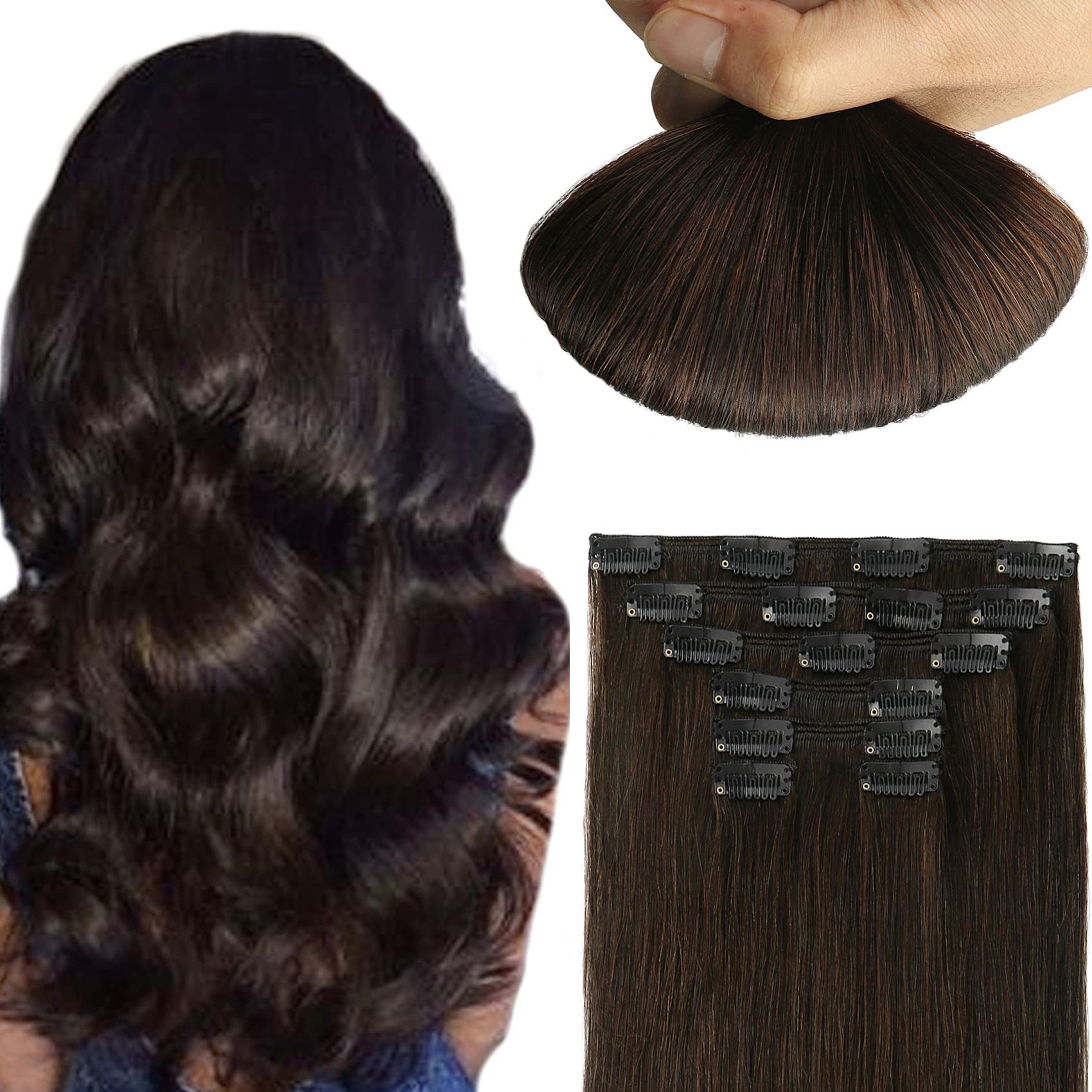 HUAYI Dark Brown 22-Inch 120g 7-Piece Clip-In Human Hair Extensions - Double Weft Thick Ends, Soft & Tangle-Free Straight Hair for Full Head Volume - Natural Balayage Color (#2) | Perfect for Parties, Weddings & Daily Styling