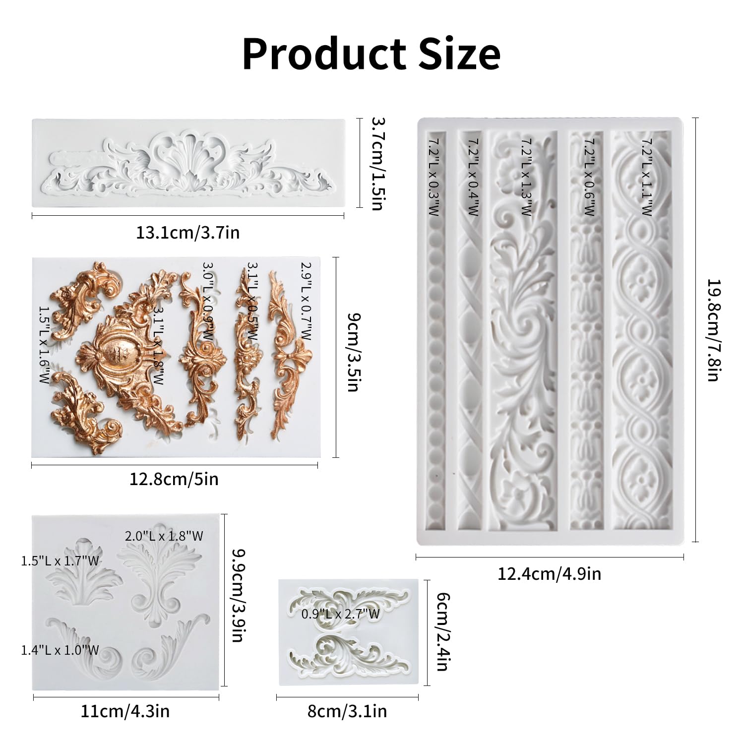 GROWTAIL 5Pcs Baroque Fondant Border Mold Set - Elegant Scroll Lace Silicone Molds for Cake Decorating, Polymer Clay Crafts, DIY Baking Tools - Perfect for Wedding Cakes, Cupcakes & Home Baking Projects
