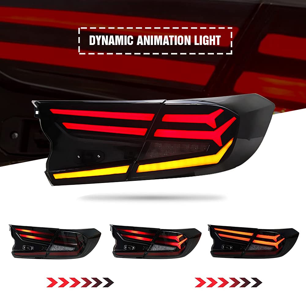 2018-2022 Honda Accord 10th Gen LED Taillights - Sequential Animation Tail Light Assembly Replacement for EX/EX-L/LX/Sport/Touring/Hybrid Models | Fishbone Design | Rear Lights Accessories | Perfect for Custom Upgrades & Nighttime Safety
