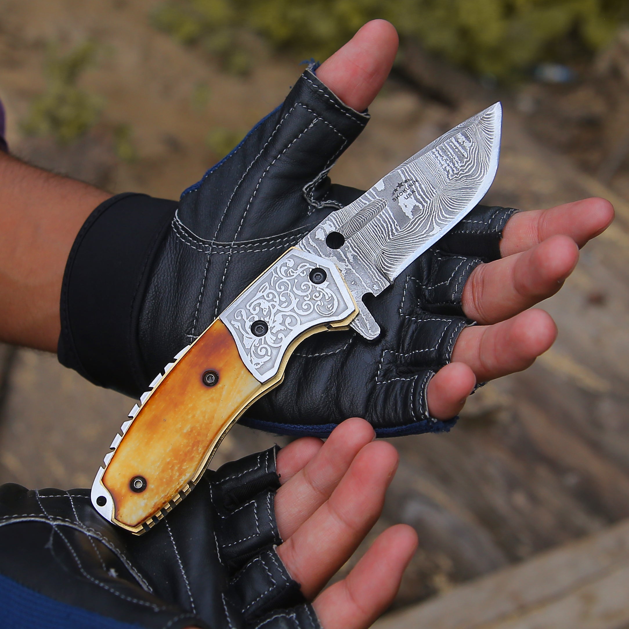 Premium Damascus Steel Pocket Knife with Charred Bone Handle - Tactical EDC, Outdoor Survival, Camping & Hunting Gear