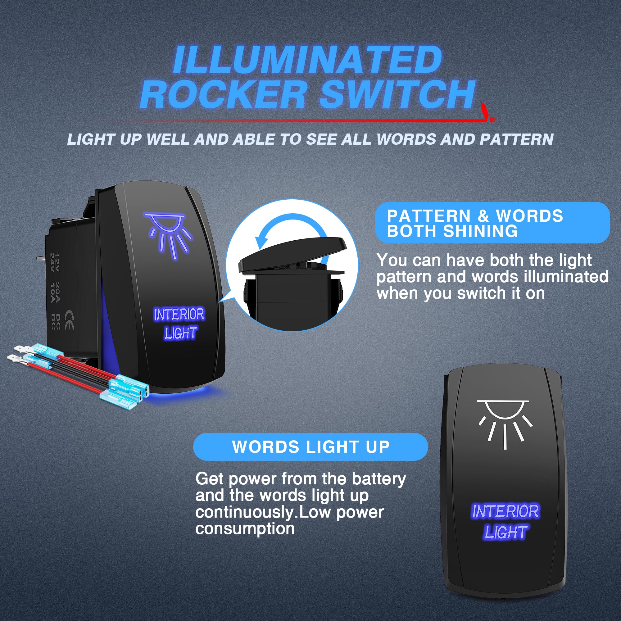 MICTUNING LS083101JL 12V 20A Blue LED Laser Backlit Rocker Switch Kit - On/Off Control for Vehicle, Boat & Marine Interior Lights | Perfect for Car, Truck, RV and Marine Lighting Systems