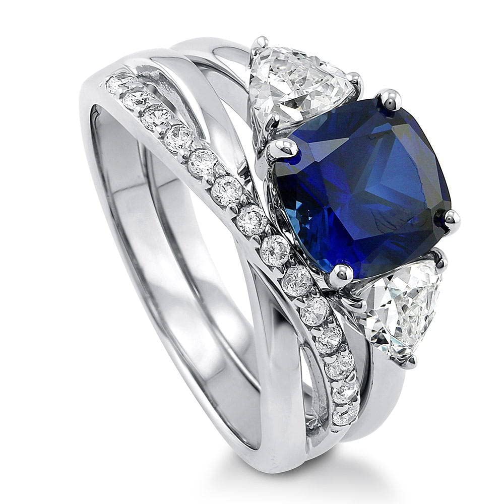 BERRICLE Sterling Silver 3-Stone Wedding & Engagement Ring Set - 3 Carat Simulated Blue Sapphire Cushion Cut Cubic Zirconia CZ Infinity Band for Women, Rhodium Plated Size 4-10 - Perfect for Proposals, Anniversaries & Bridal Jewelry