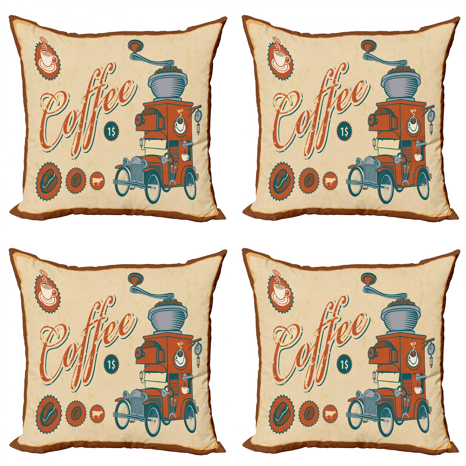 Ambesonne Vintage Truck & Coffee Grinder Retro Throw Pillow Covers Set of 4, 24