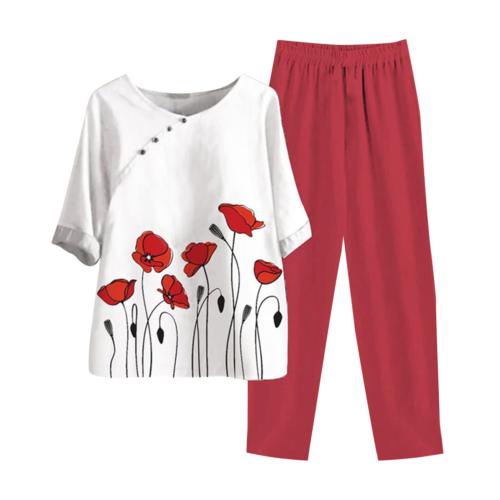Women's Summer Linen Lounge Set - 2 Piece Outfit with Half Sleeve T-Shirt & Cotton Linen Pants | Plus Size Vacation Wear for Beach, Travel & Relaxation