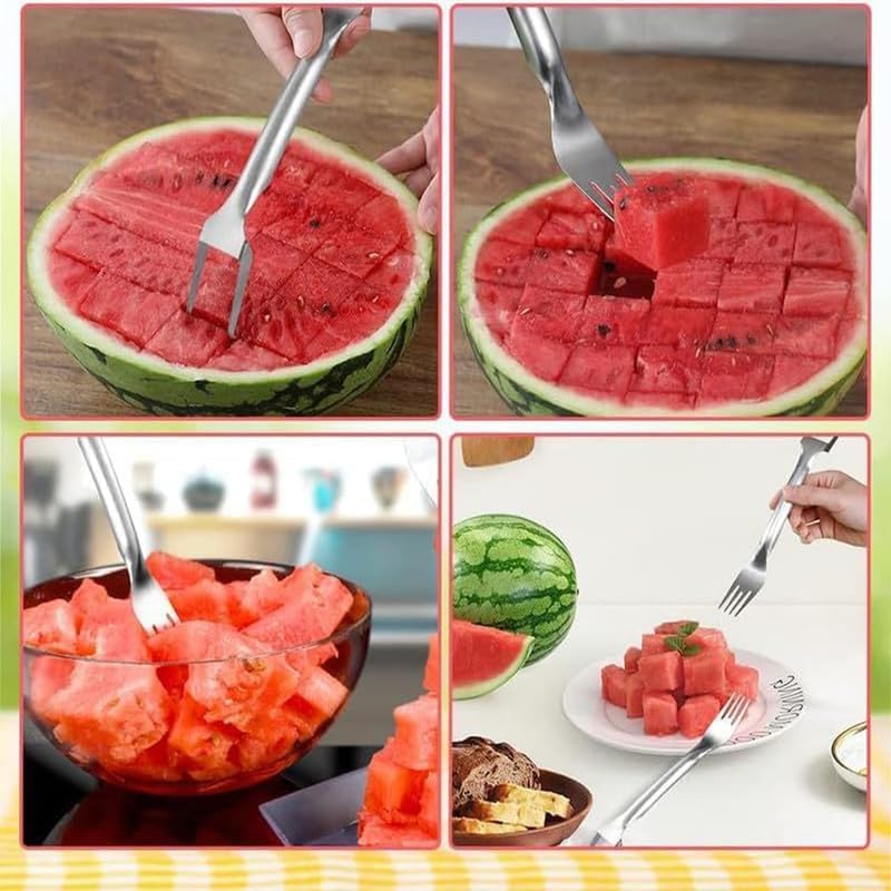 2-in-1 Stainless Steel Fruit Cutter & Watermelon Slicer - Dual Head Kitchen Tool for Easy Fruit Cutting | Perfect for Picnics, BBQs & Home Kitchen Use (Silver)