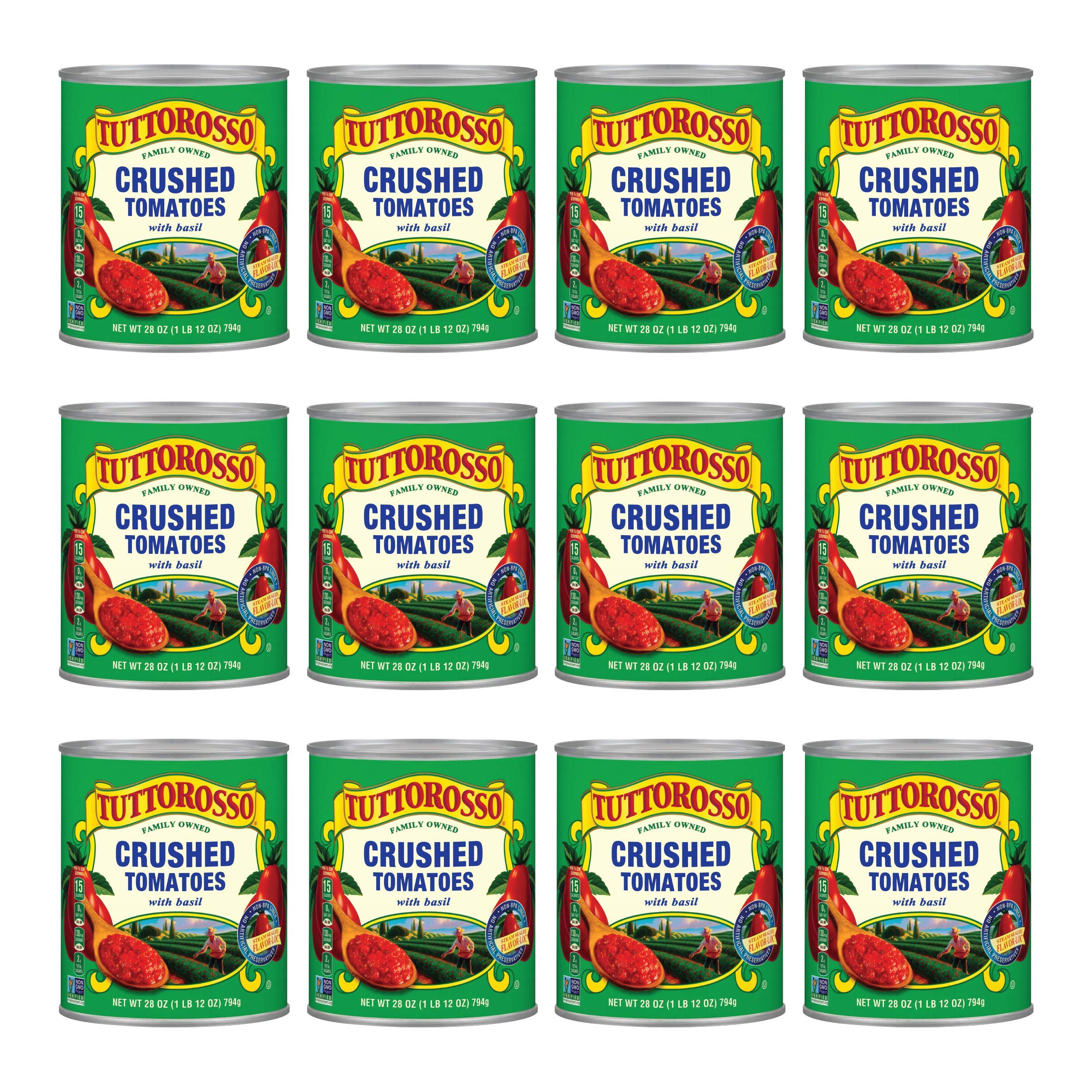 Tuttorosso Crushed Tomatoes with Basil - Gluten Free, Vegetarian, 28oz Cans (12-Pack) - Perfect for Pasta Sauces, Soups & Italian Recipes