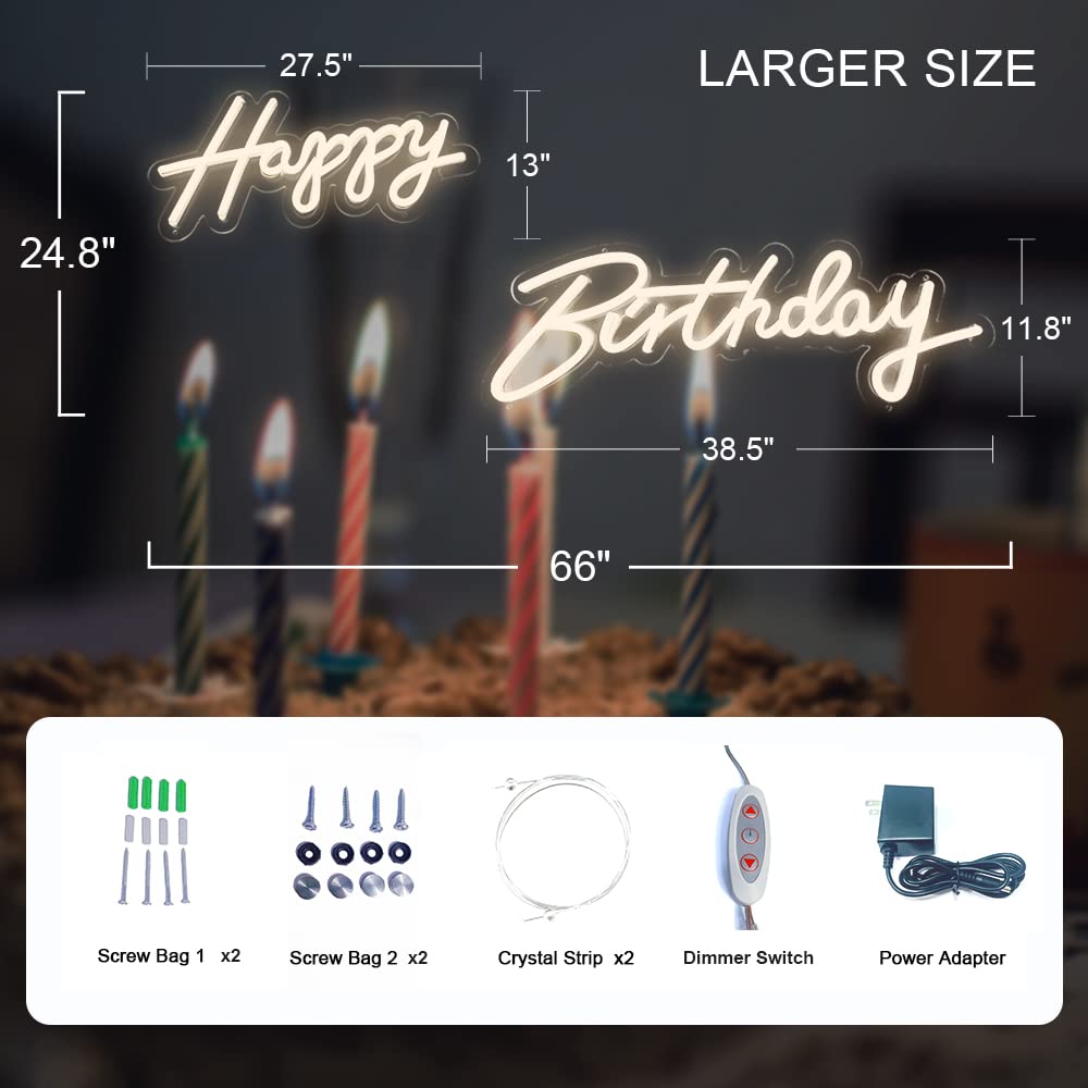 Extra Large Happy Birthday Neon Sign - 66' x 39' LED Party Decor in Warm White | Perfect for Birthday Celebrations, Home Decor & Event Lighting