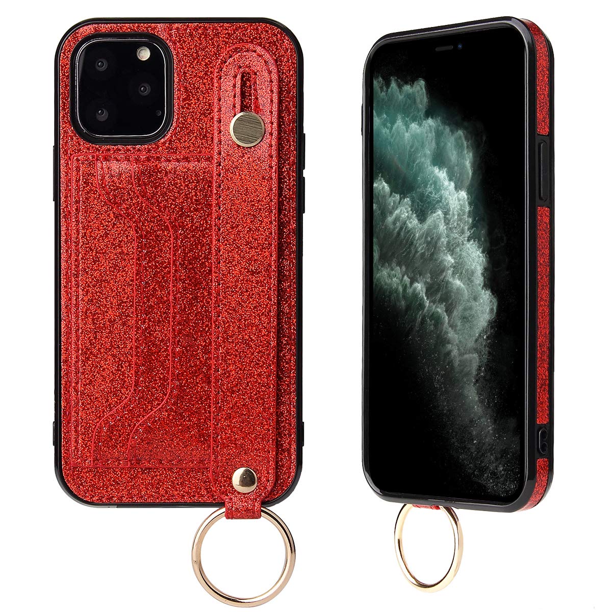 Omorro Sparkly Bling PU Leather iPhone 12 Mini Case with Card Holder & Adjustable Wrist Strap - Protective Phone Cover with Wristband (Red) - Perfect for Hands-Free Shopping, Travel, and Daily Commute