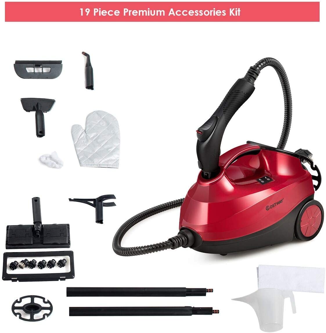 LDAILY 2000W Multi-Purpose Steam Cleaner with 19 Accessories - 1.5L Large Water Tank, Extra-Long Power Cord, Chemical-Free Pressurized Cleaning for Floors, Cars, Home & Commercial Use - Perfect for Deep Cleaning Kitchens, Bathrooms, Garages & Outdoor Equipment (Red)
