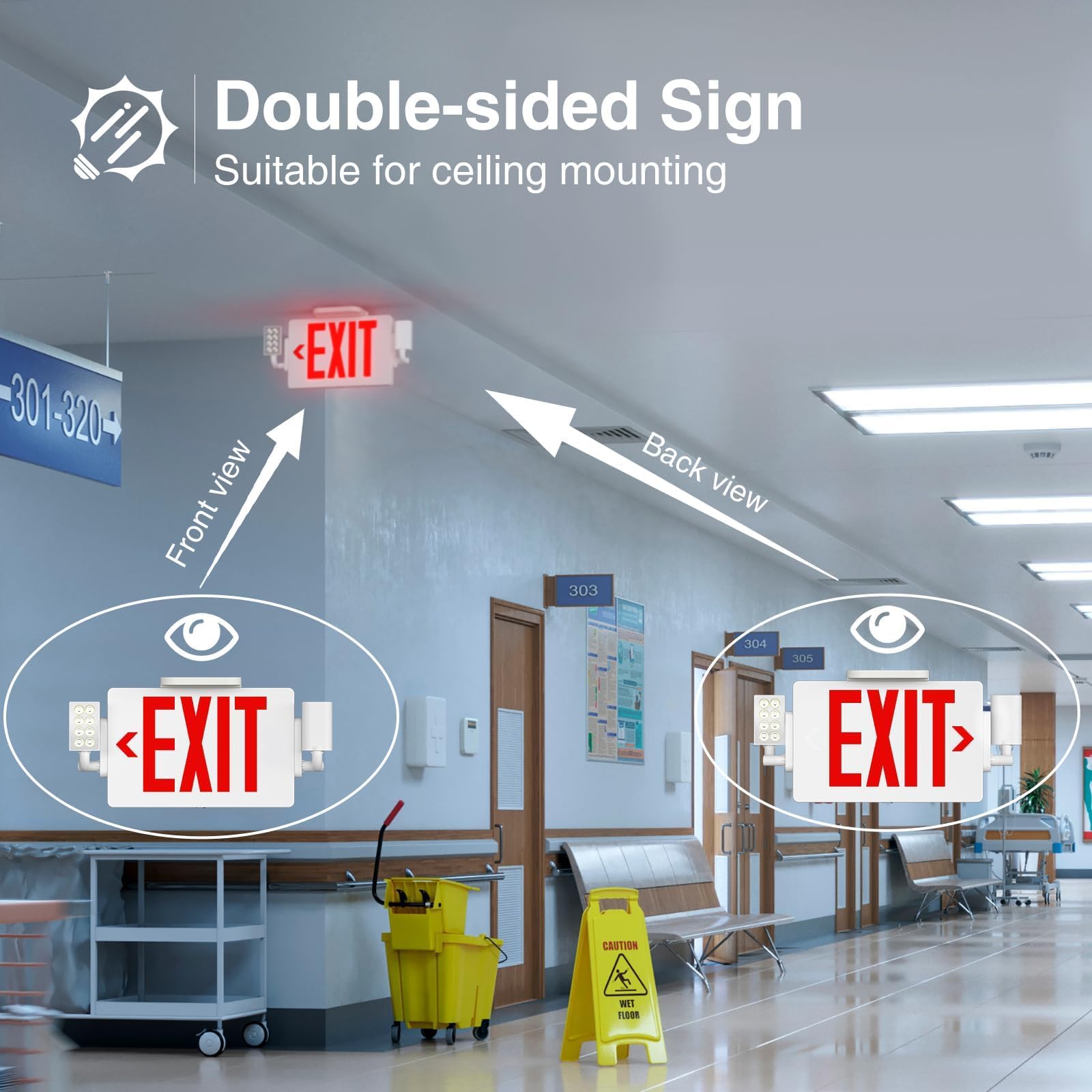 FREELICHT 6 Pack LED Double-Sided Emergency Exit Signs with Battery Backup - UL Certified, Hardwired 120/277V AC, Adjustable Brightness - Perfect for Offices, Schools, Hospitals & Commercial Buildings