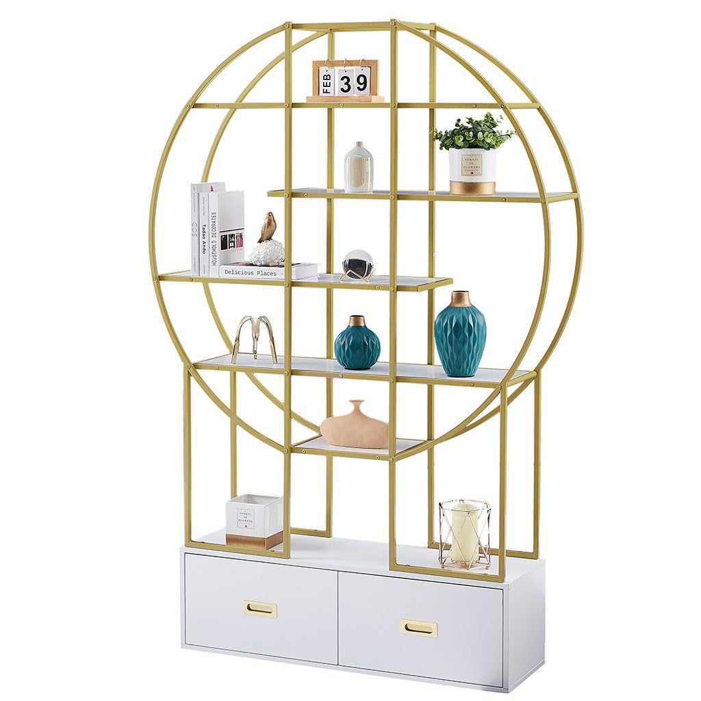 5 Tier Bookshelf with 2 Drawer File Cabinet - 70.8 Inch Round Office Bookshelf, Wood & Metal Storage Organizer for Home Office, Living Room, Bedroom - Perfect for Organizing Books, Files, and Decorative Items