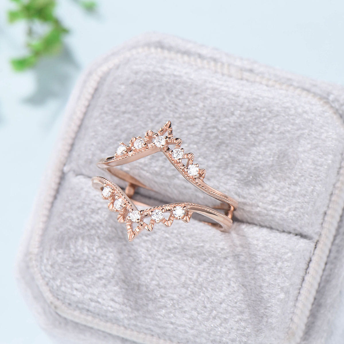 Double Curved V Moissanite Wedding Band for Women - 14K Rose Gold Engagement Promise Ring, Art Deco Diamond Stackable Bridal Jewelry - Perfect for Anniversaries, Proposals & Matching Wedding Sets