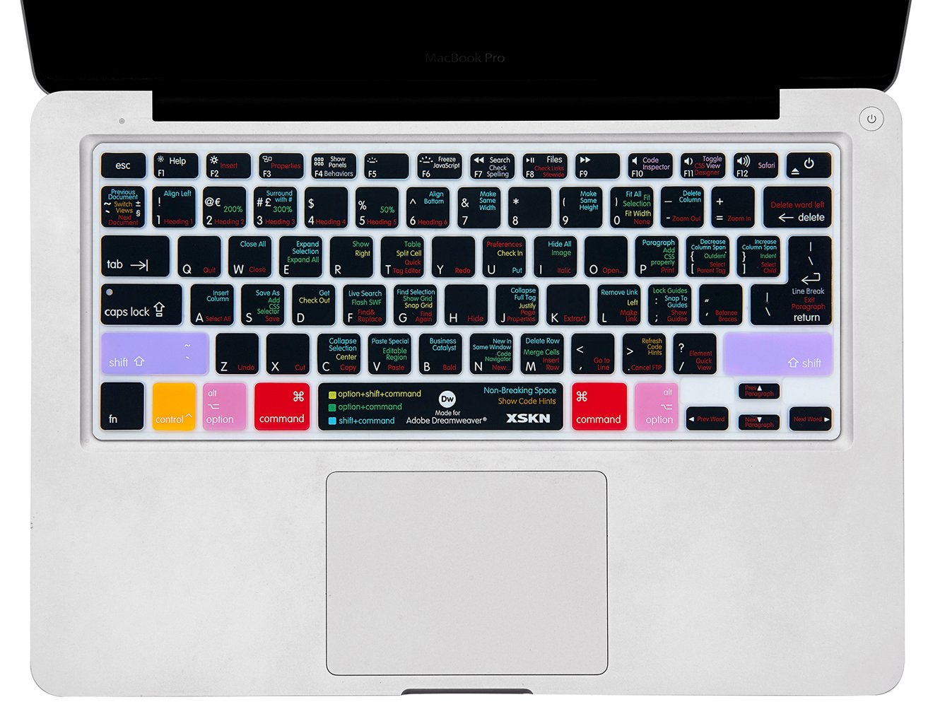 XSKN Adobe Dreamweaver Shortcuts Keyboard Cover for MacBook - Hot Keys Skin Compatible with MacBook Air 13 & MacBook Pro 13/15/17 (US/European ISO Layout) - Perfect for Web Designers & Developers