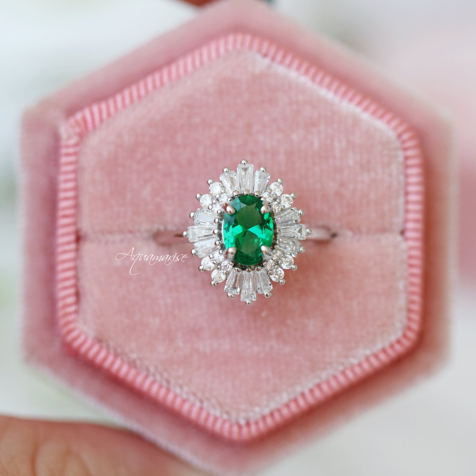 Victoria Emerald Ring Sterling Silver - Elegant Green Gemstone Jewelry for Women, Perfect for Engagement, Wedding & Special Occasions