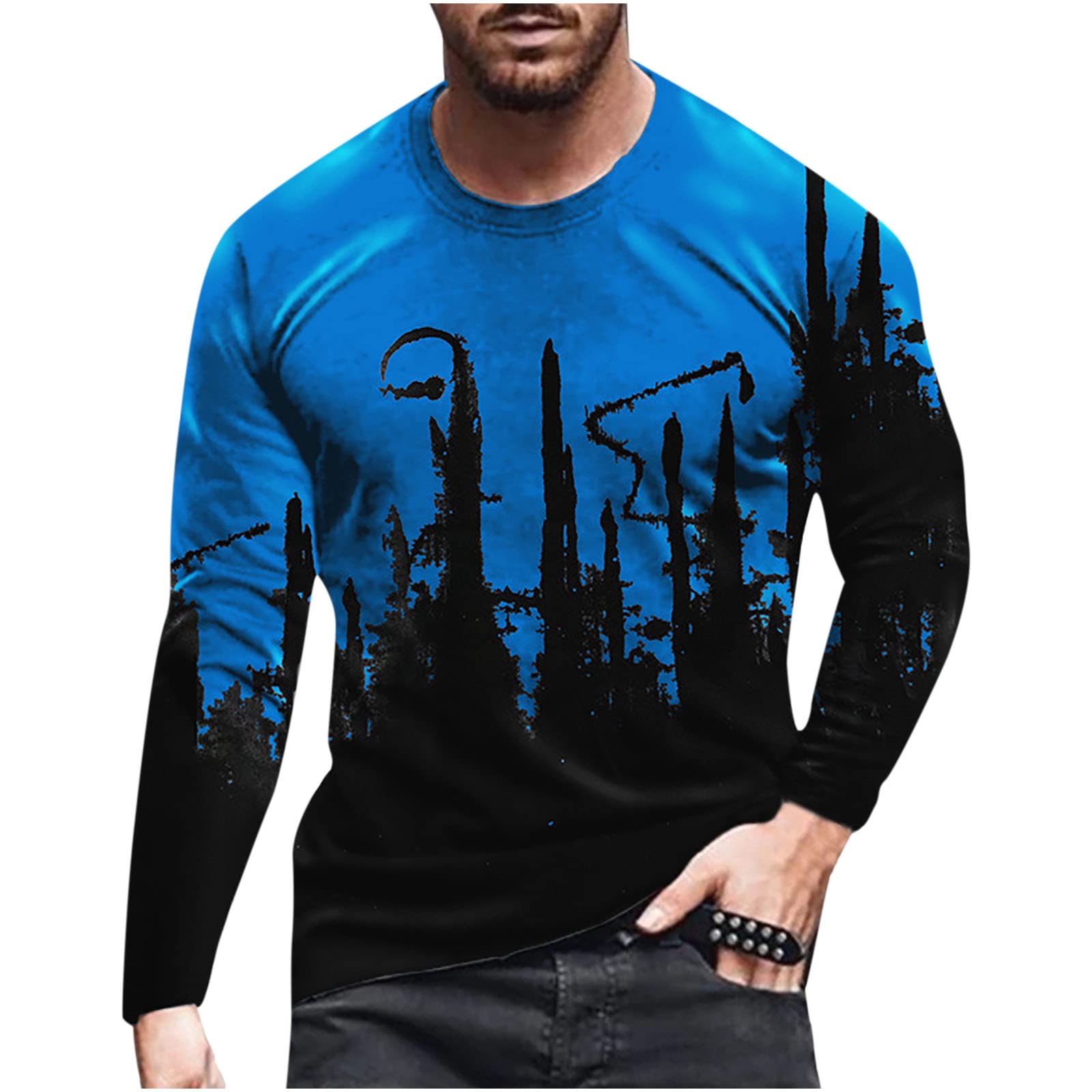 Men's Long Sleeve Black T-Shirt - Casual Contrast Color Print Round Neck Hipster Workout Top for Gym, Streetwear & Everyday Fashion