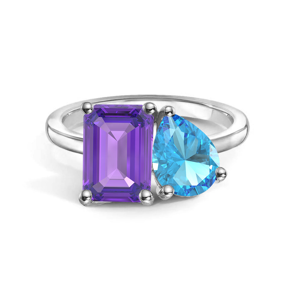 Personalized Toi et Moi Amethyst Birthstone Ring - Custom Anniversary Jewelry for Couples, Gift for Her, Romantic Proposal & Wedding Band