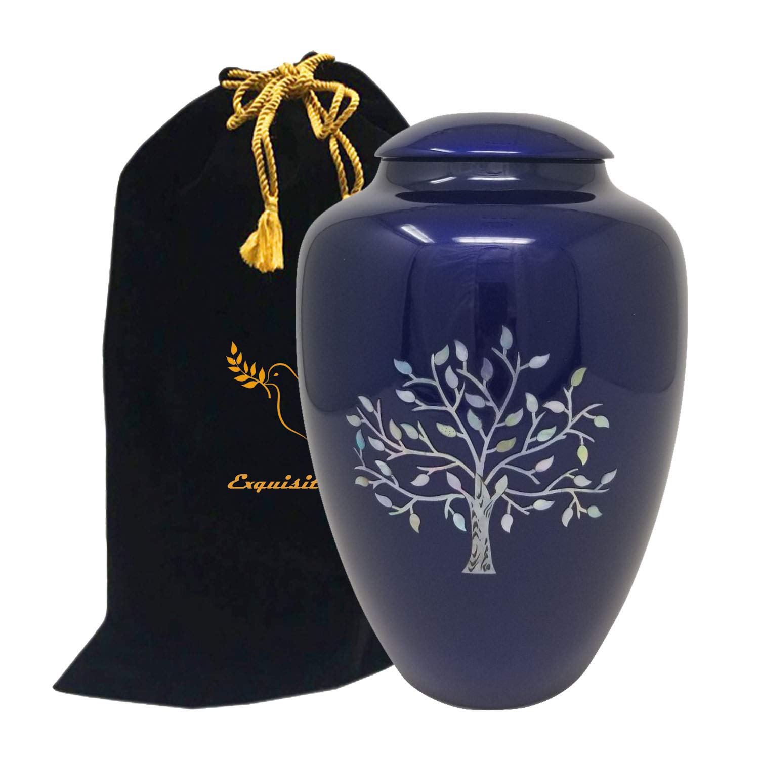 Handcrafted Fiber Glass Cremation Urn - Mother of Pearl Adult Urn for Ashes - Lightweight Funeral Urn with Free Velvet Bag & Ash Bag (Blue Soulful Tree Design) - Perfect for Memorial Services, Home Display & Scattering Ceremonies