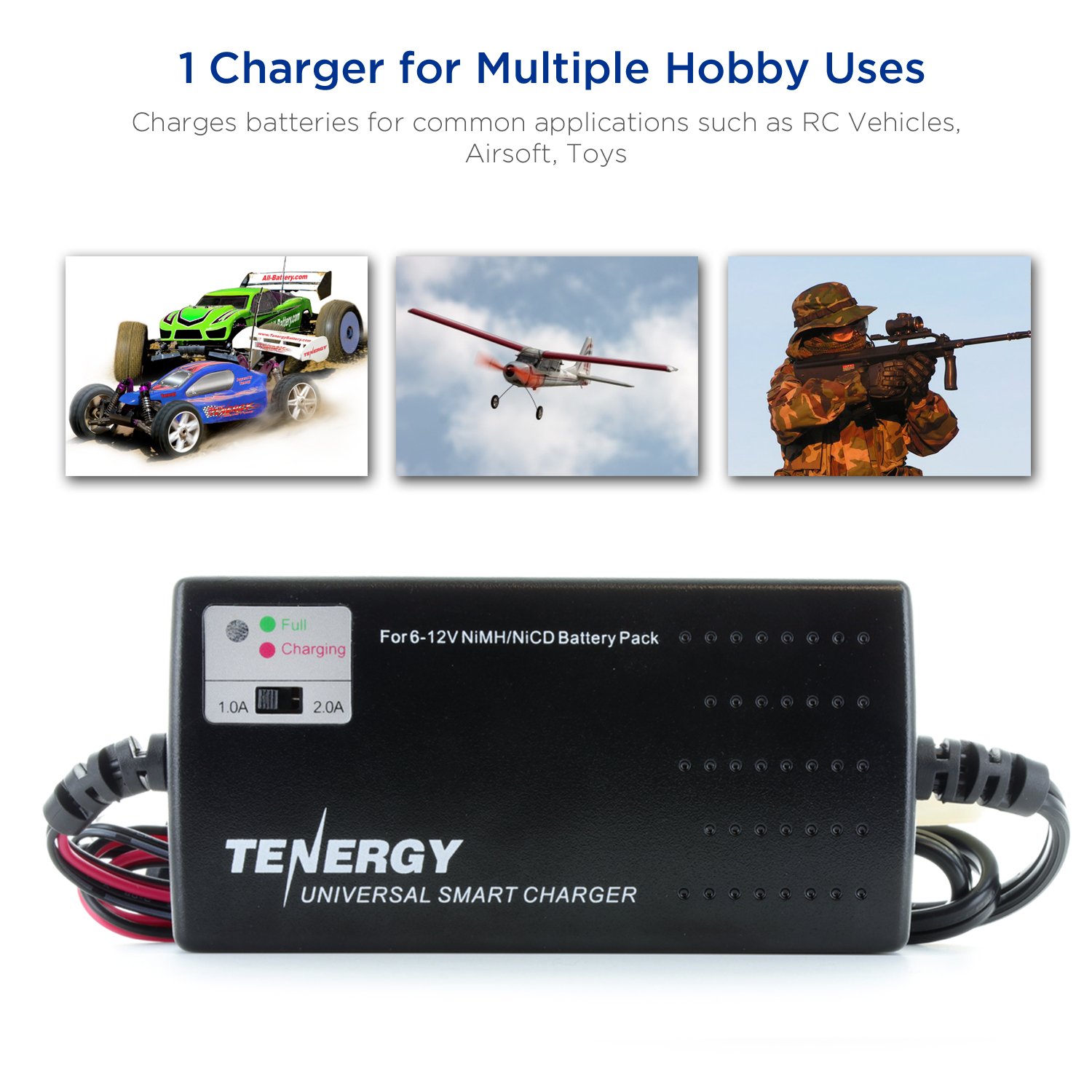 Tenergy Universal RC Battery Charger for NiMH/NiCd 6V-12V Battery Packs - 2A Fast Charger for RC Cars, Airsoft Batteries, Toys - Compatible with Tamiya/Mini Tamiya/Alligator Clips Connectors (Model 01025) - Perfect for Hobbyists, RC Enthusiasts & Airsoft Players
