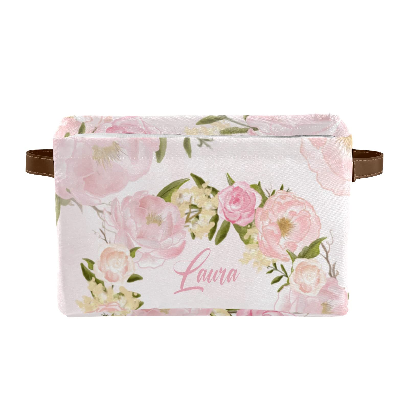 Personalized Pink Floral Storage Bins with Handles - 2 Pack Custom Text Closet Organizers for Bedroom, Bathroom & Nursery Organization