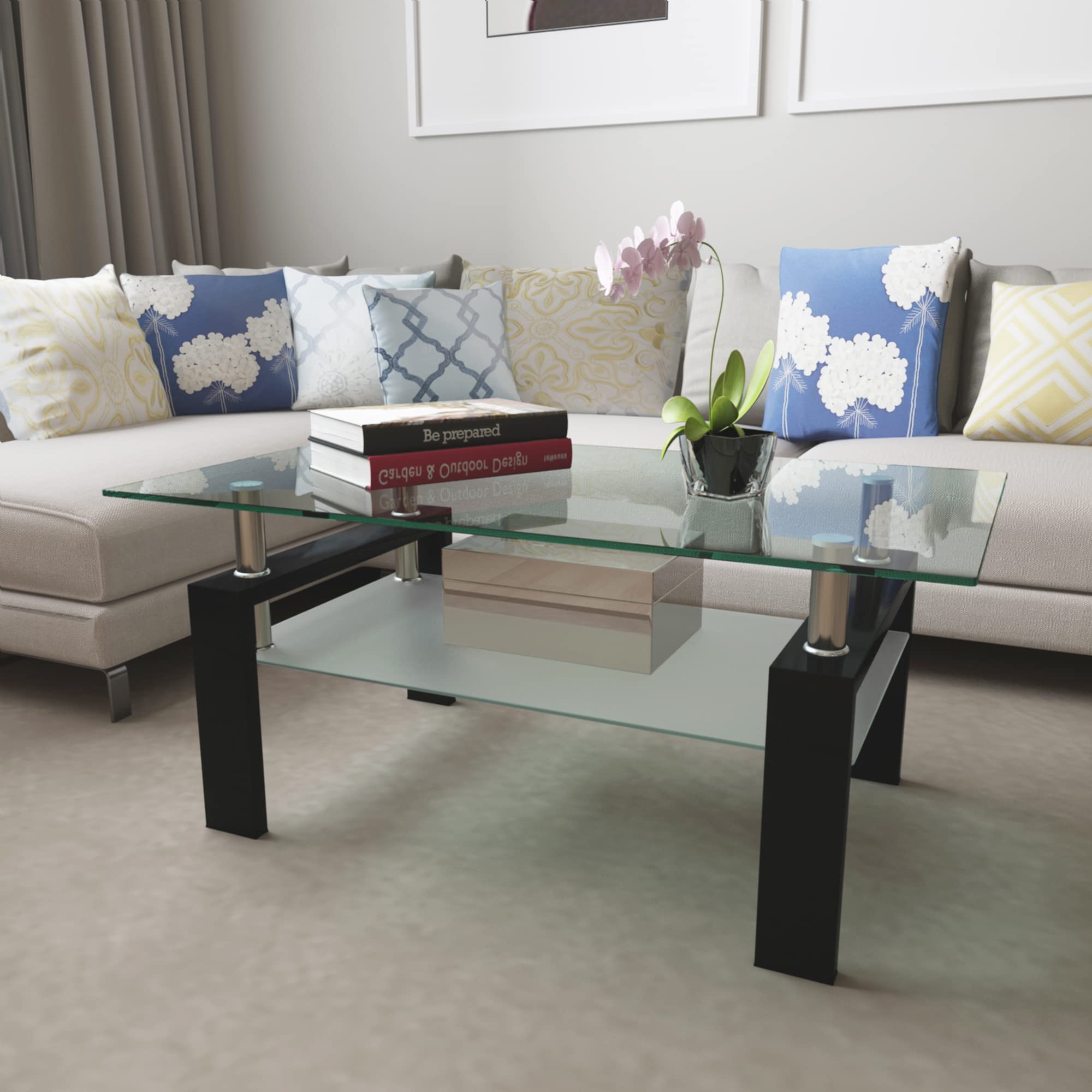 Modern Glass Coffee Table with Metal Legs - 2-Tier Clear Tempered Glass Living Room Table, Cocktail & Tea Table for Home Decor, Living Room Furniture - Perfect for Small Spaces, Apartments & Lounge Areas