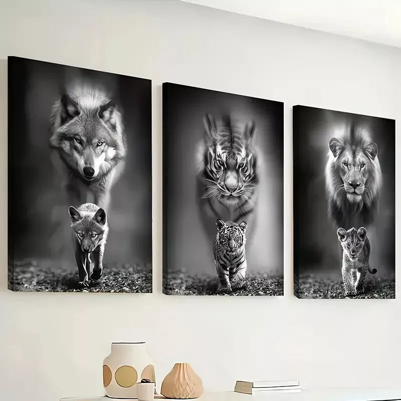 3-Piece Black & White Wildlife Wall Art Set - Wolf, Tiger & Lion Canvas Framed Prints (40x60cm) | High-Quality Australian Made Ready-to-Hang Decor for Living Room, Bedroom & Office