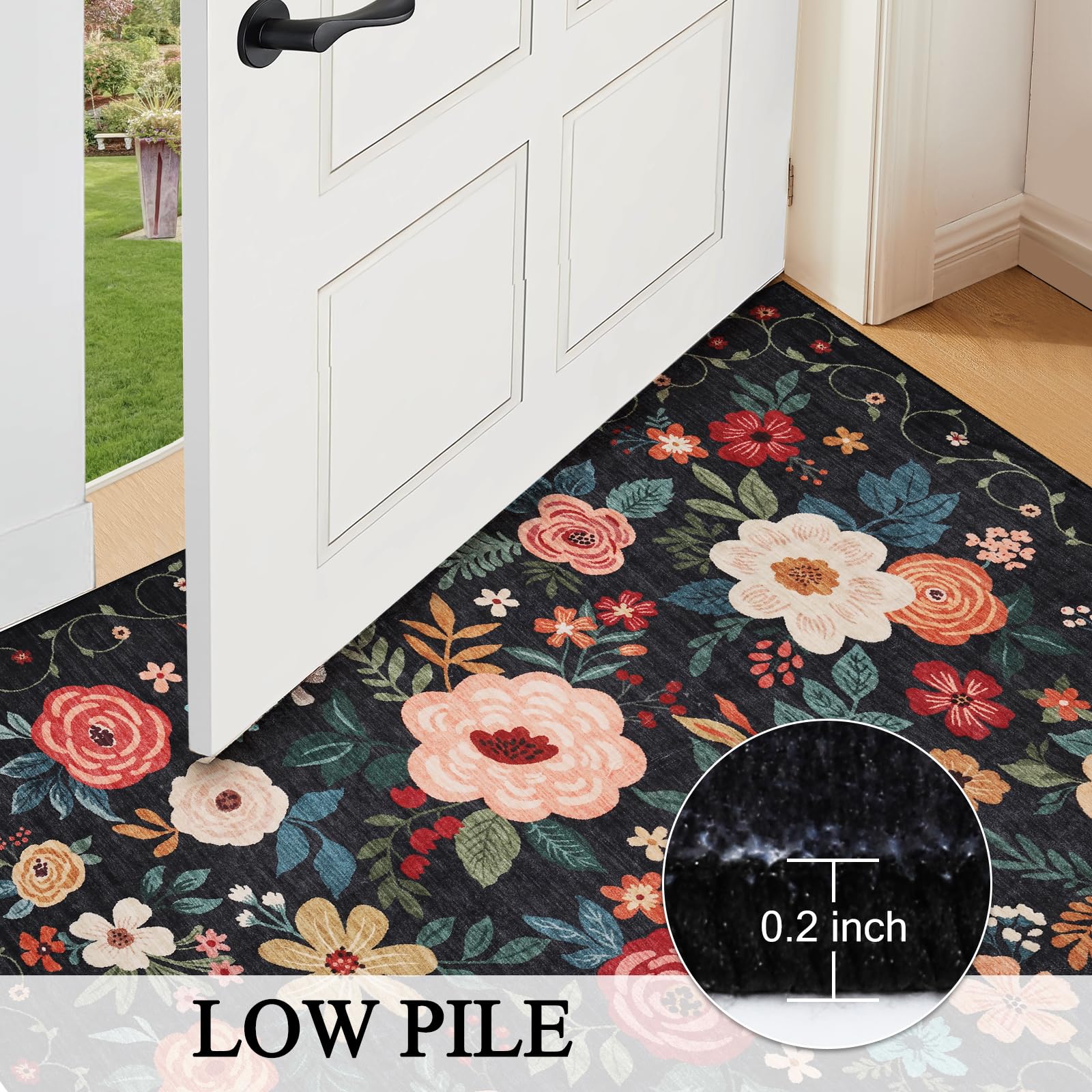 DUKINO 2x6 Washable Non-Slip Runner Rug - Soft Low Pile Boho Floral Carpet for Kitchen, Hallway, Entryway, Laundry & Bedroom (Black) | Perfect for High Traffic Areas & Home Decor