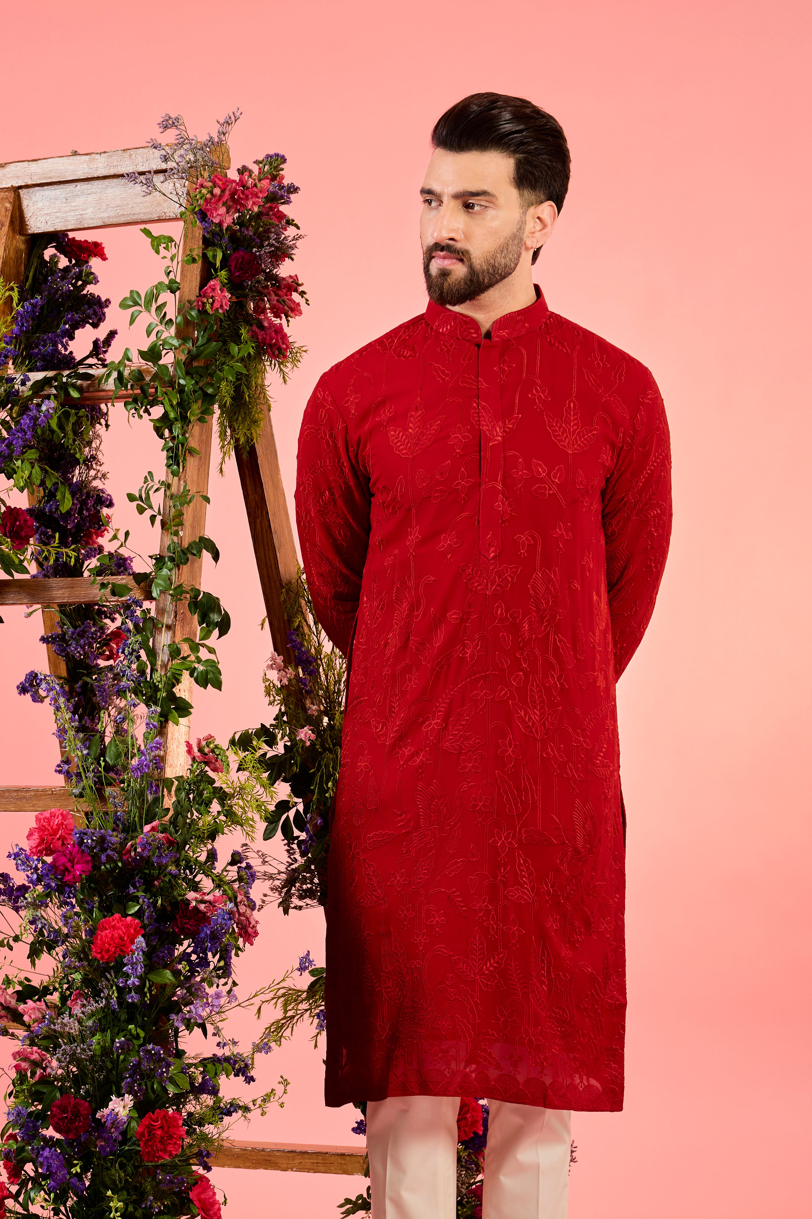 Elegant Red Chikankari Kurta with Delicate Floral & Fauna Embroidery - Perfect for Festivals, Weddings & Ethnic Occasions