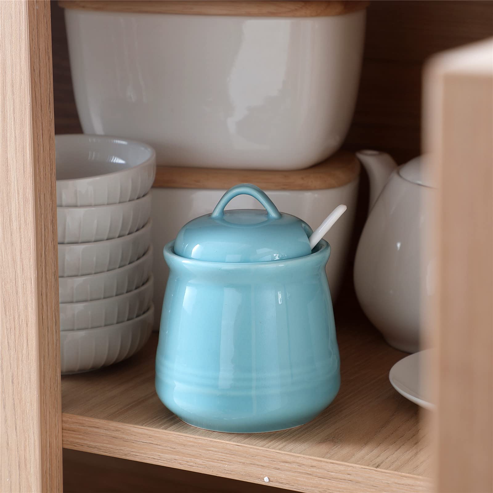 HAOTOP 12oz Porcelain Sugar Bowl with Lid & Spoon - Ceramic Salt & Spice Container for Kitchen, Dining & Coffee Tea Station - Elegant Blue Home Decor