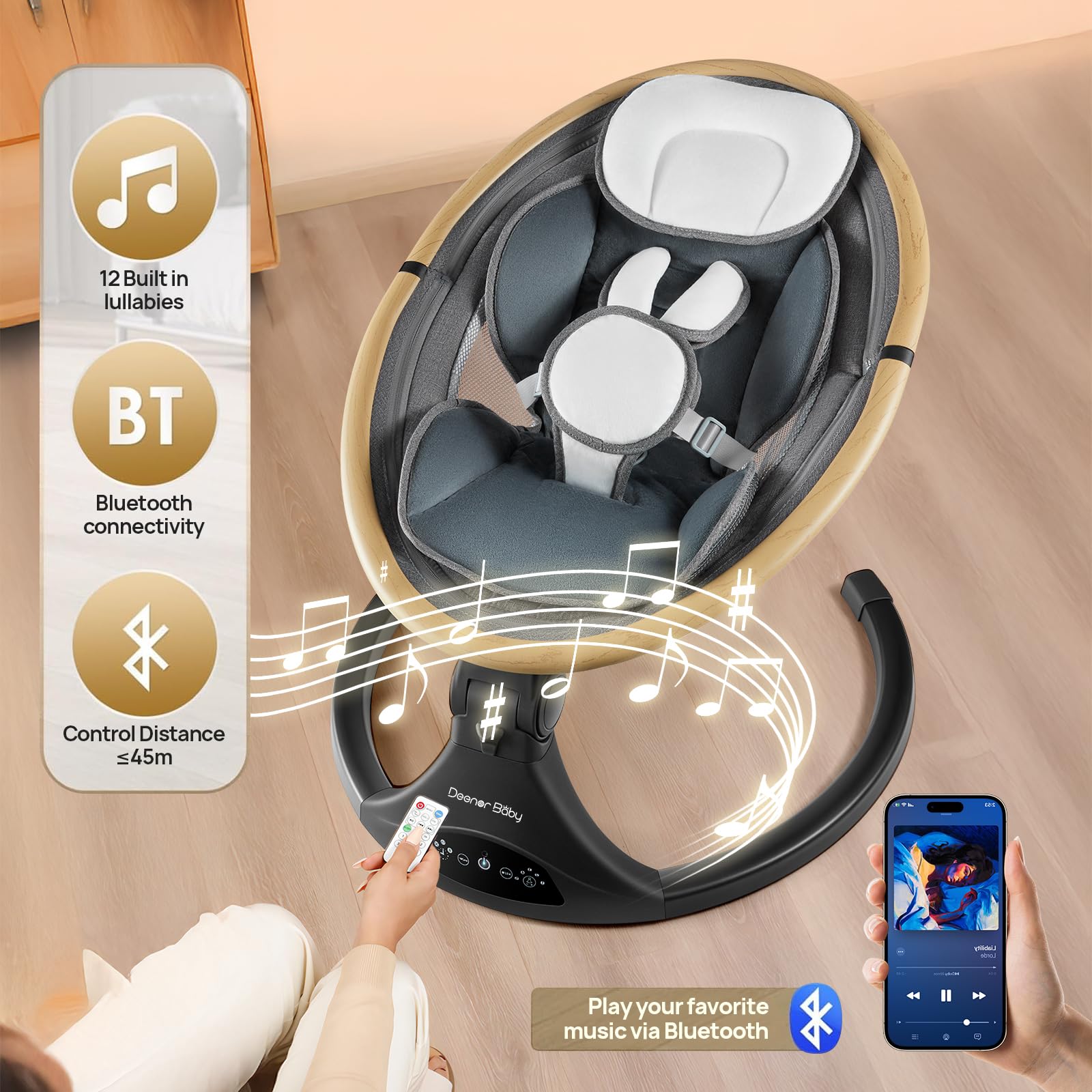 Baby Swing for Newborns to Toddlers - Electric Infant Swing with 5 Speed Settings, Adjustable 5-Point Safety Harness & 3 Reclining Positions (Gray) - Perfect for Nursery, Bedroom or Living Room Soothing & Playtime