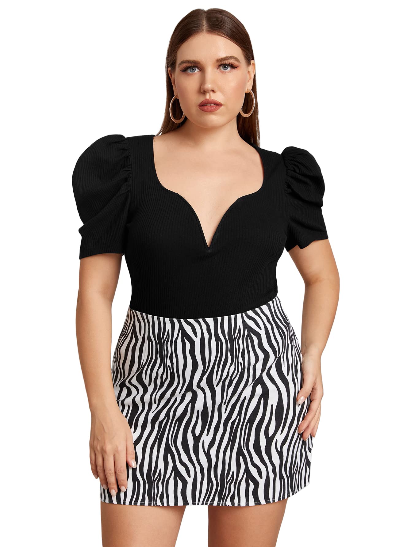 Romwe Women's Plus Size Sweetheart Neck Puff Sleeve Blouse - Elegant Office Work Tops for Women, Casual Fitted Tee for Business, Date Night & Professional Wear