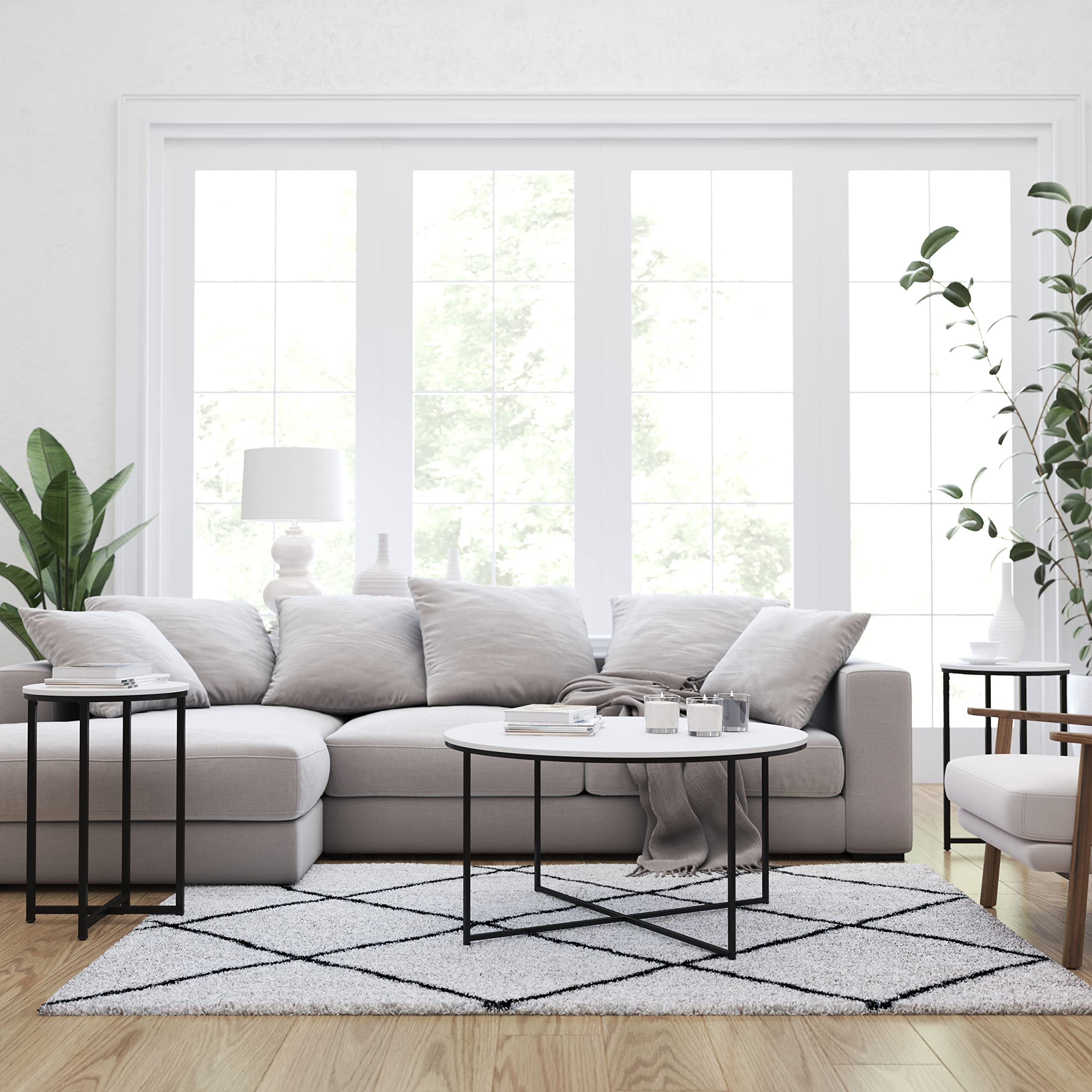 Merrick Lane Fairdale Round Coffee Table Set - 3 Piece White Coffee Table with Matte Black Crisscross Frame - Coffee Table & 2 End Tables - Perfect for Living Room, Lounge & Home Decor