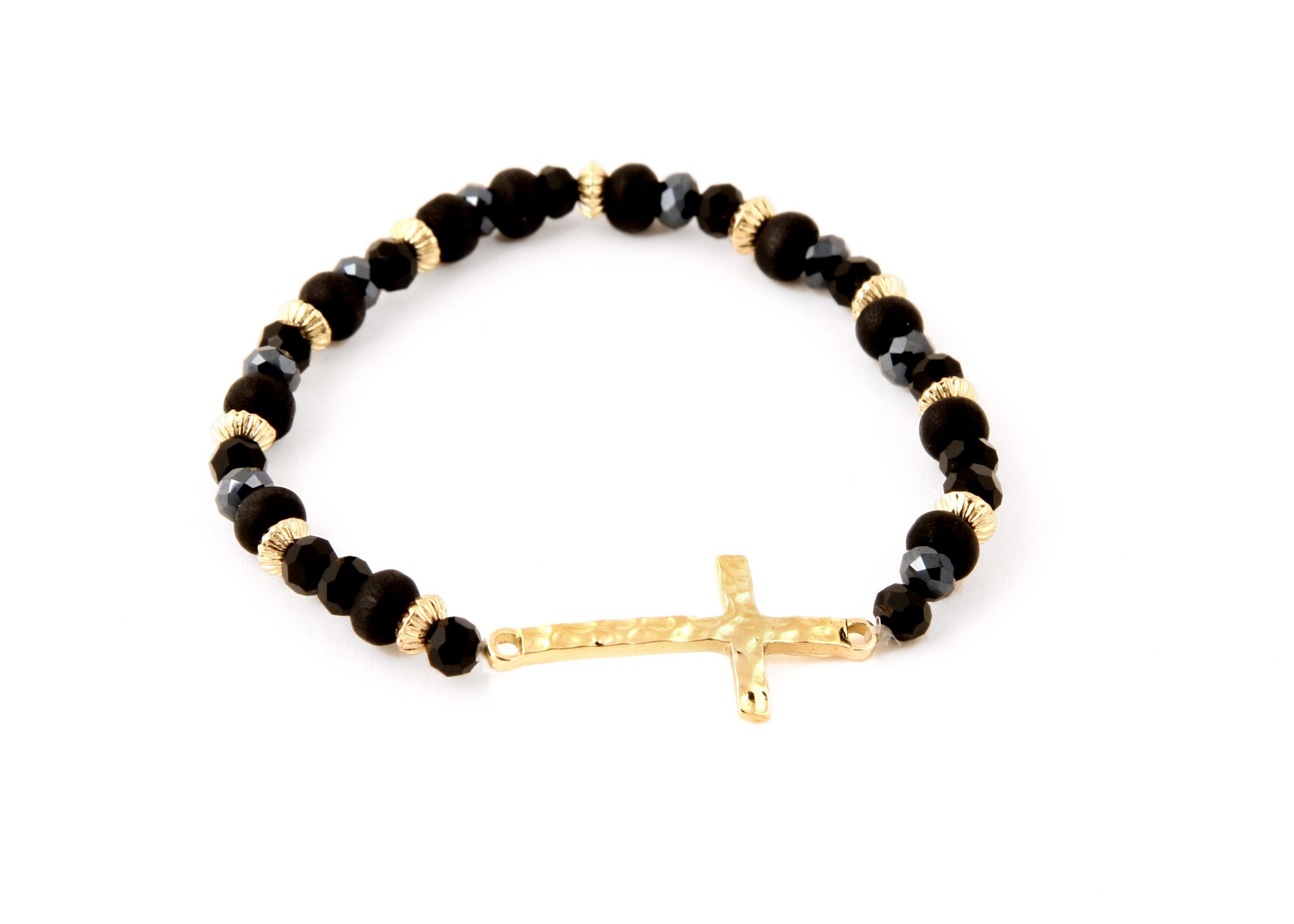JewelryVolt Black & Gold Beaded Side Cross Gold Plated Charm Stretch Bracelet FB-5033 - Stylish Religious Jewelry for Women, Perfect for Church, Weddings & Everyday Wear