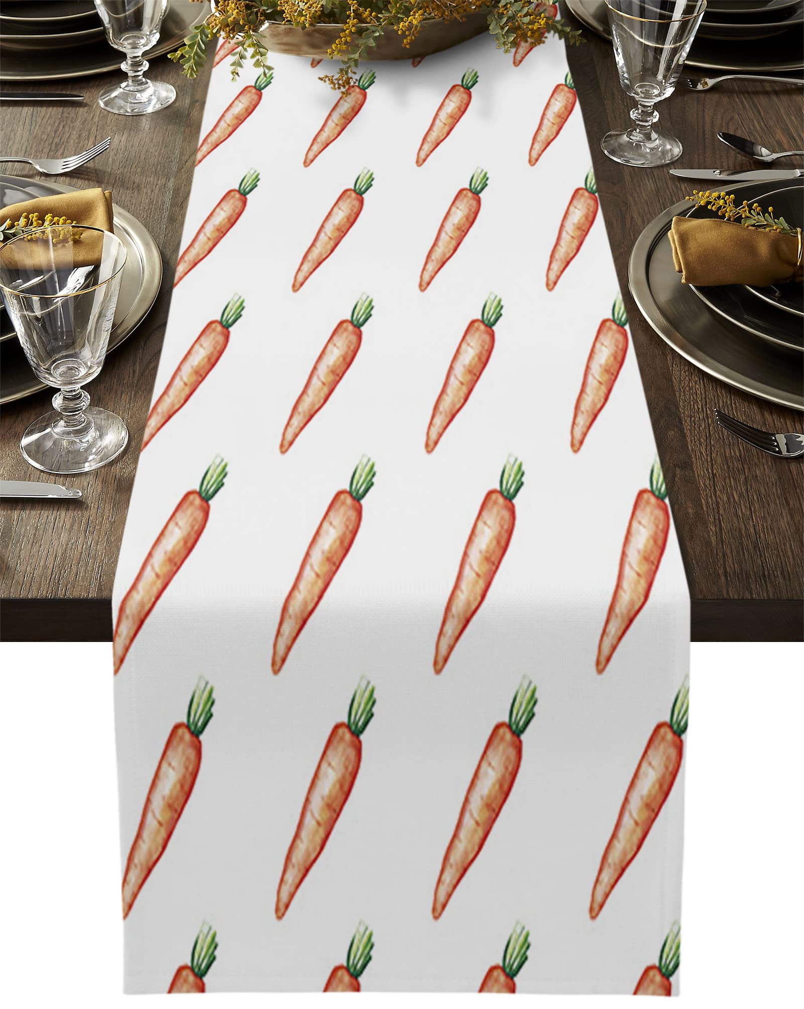 Easter Table Runner - 13x36in Linen Burlap Watercolor Carrots Design for Holiday Dining, Kitchen Decor & Party Table Setting | SUN-Shine Washable Tablecloth for April Celebrations
