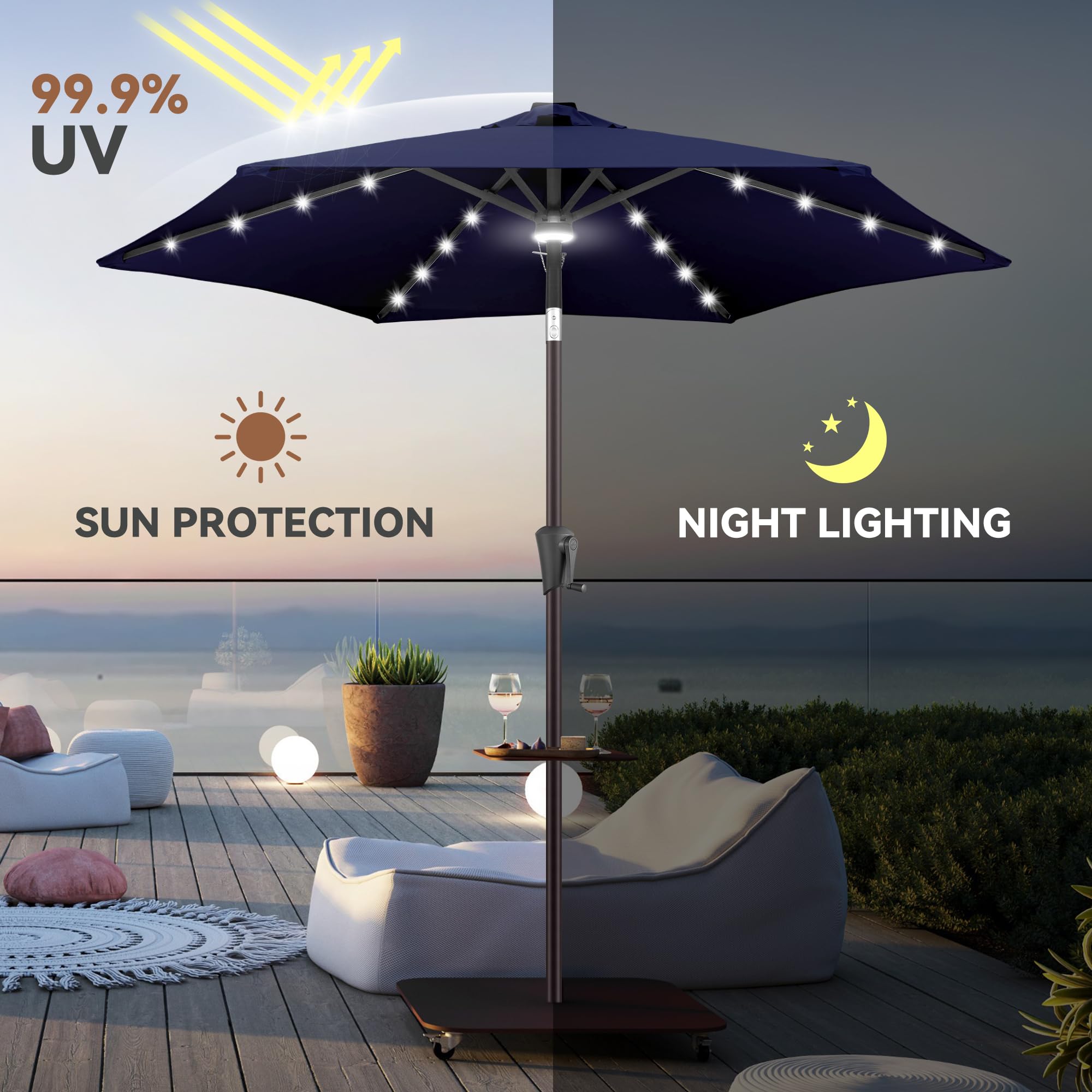 7.5ft Solar Powered LED Patio Umbrella - Waterproof Outdoor Table Umbrella with 24 LED Lights & UV Protection, Tilt & Crank Mechanism for Poolside, Garden, Deck, Backyard (Dark Blue) - Perfect for Outdoor Dining, Lounging, and Summer Entertaining
