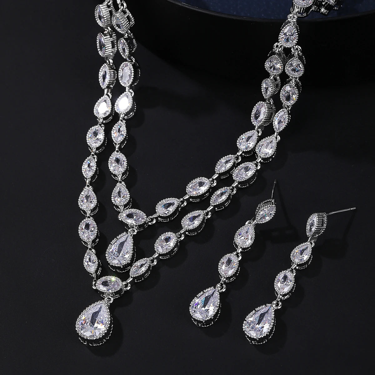 2-Layer AAA Cubic Zirconia Necklace & Earrings Set for Women - Elegant White Wedding Jewelry Gift Set - Perfect for Bridal, Anniversary and Special Occasions