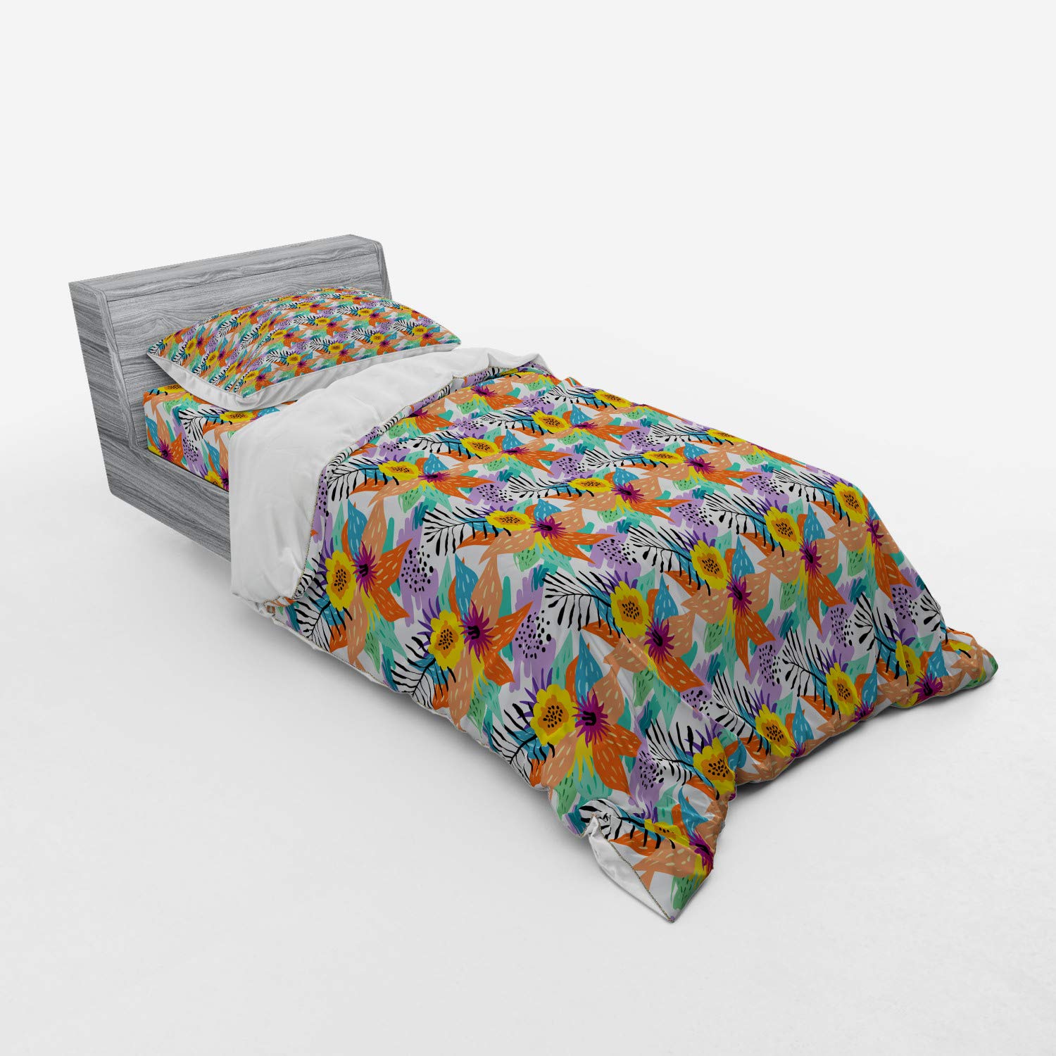 Ambesonne Tropical Hawaiian Summer Flowers 3-Piece Bedding Set - Twin Size Duvet Cover, Sham & Fitted Sheet - Hand Drawn Exotic Island Plantation Design - Perfect for Beach House, Vacation Home & Tropical Themed Bedrooms